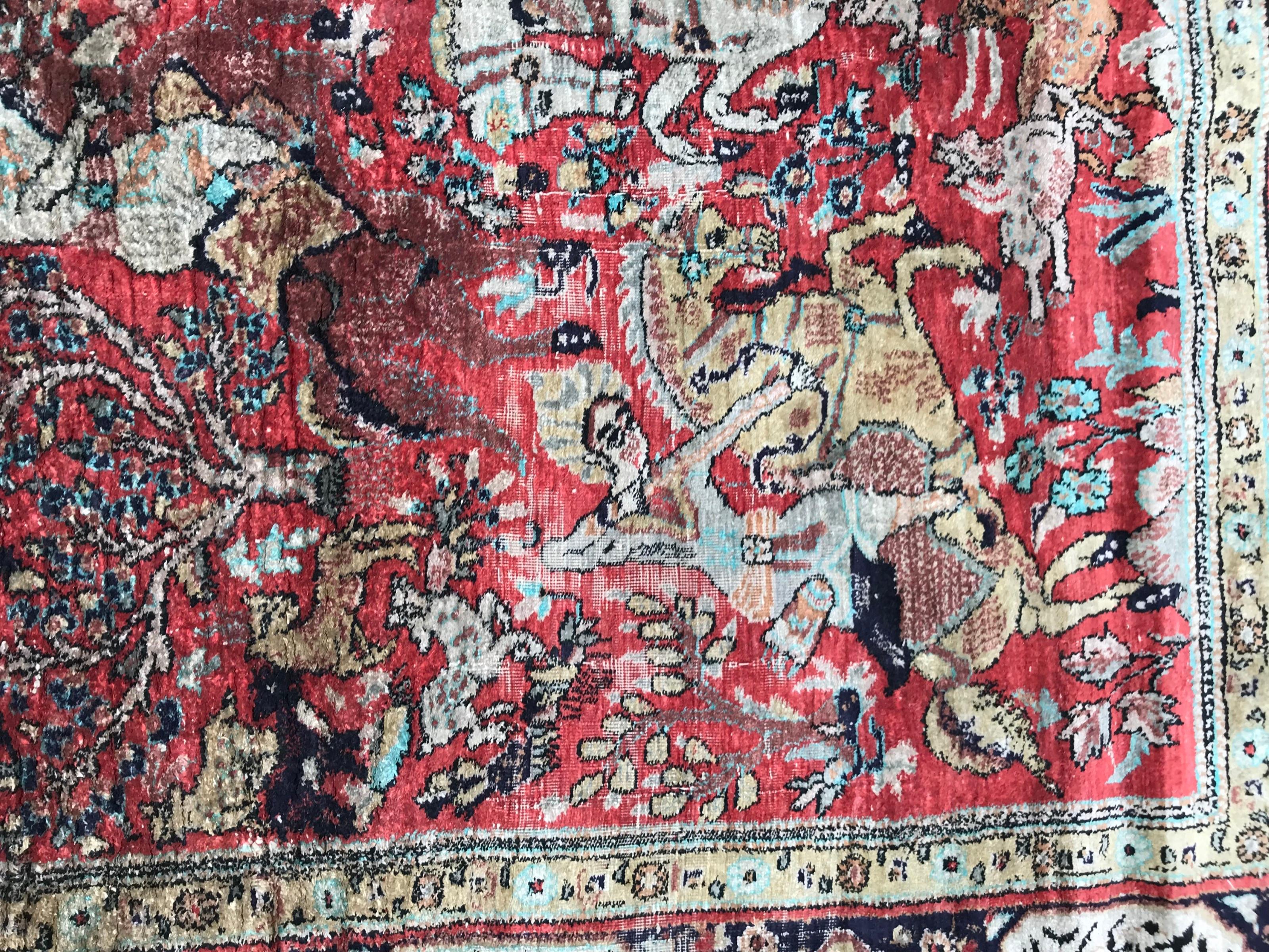 Hand-Knotted Vintage Qom Silk Rug For Sale