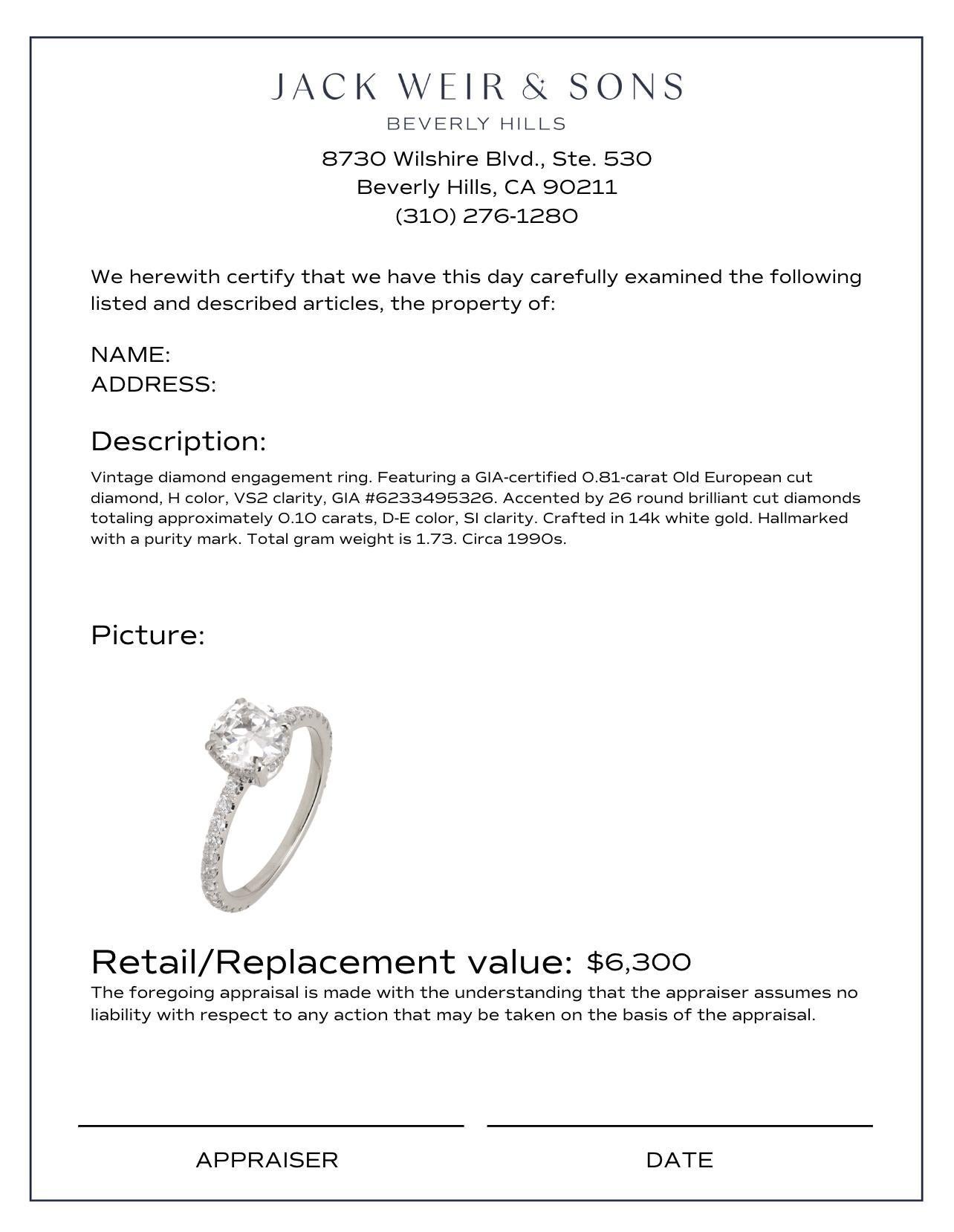 Women's or Men's Vintage GIA 0.81 carat diamond 14k white gold engagement ring For Sale