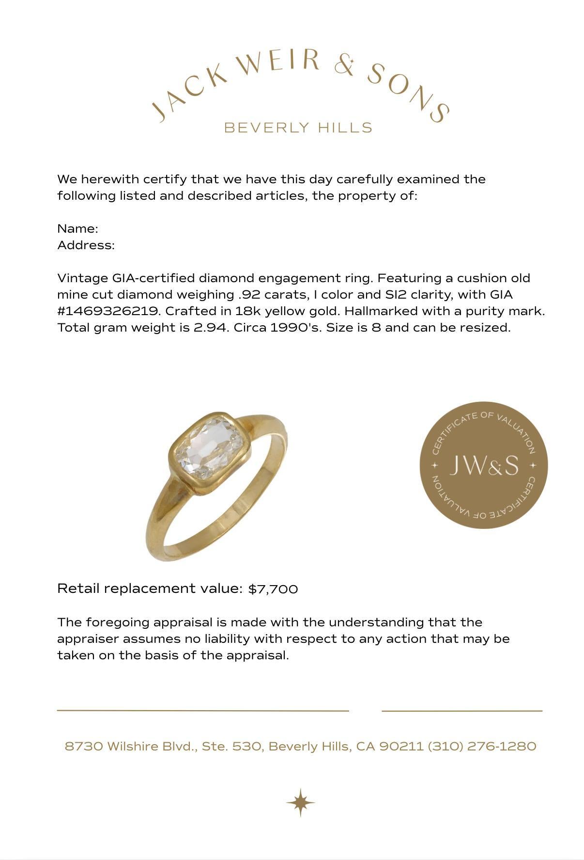 Vintage GIA 0.92 carat old mine cut diamond 18k yellow gold engagement ring For Sale 1