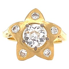 Vintage GIA 1.00 Carat Old European Cut Diamond 18 Karat Yellow Gold Star Ring