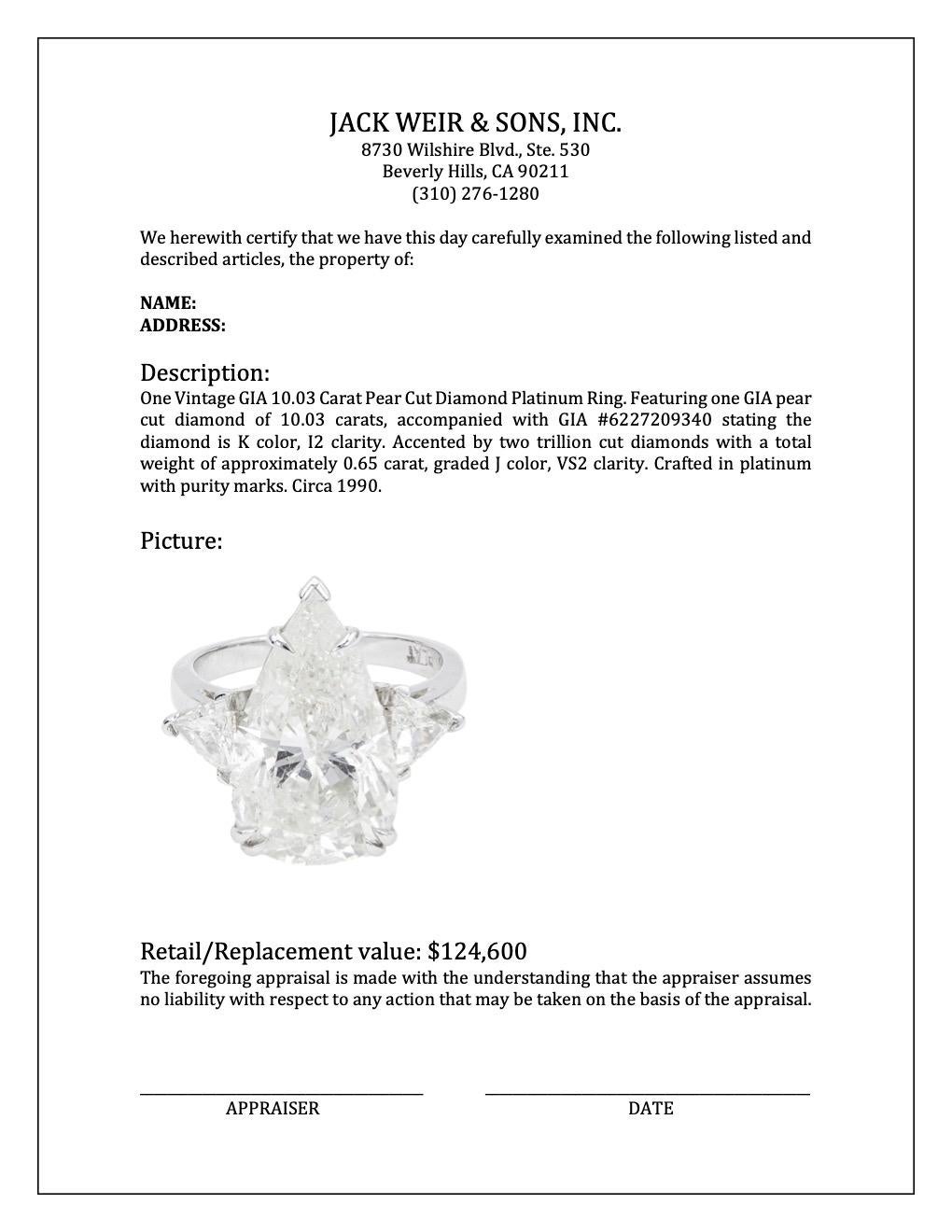 Vintage GIA 10.03 Carat Pear Cut Diamond Platinum Ring For Sale 3