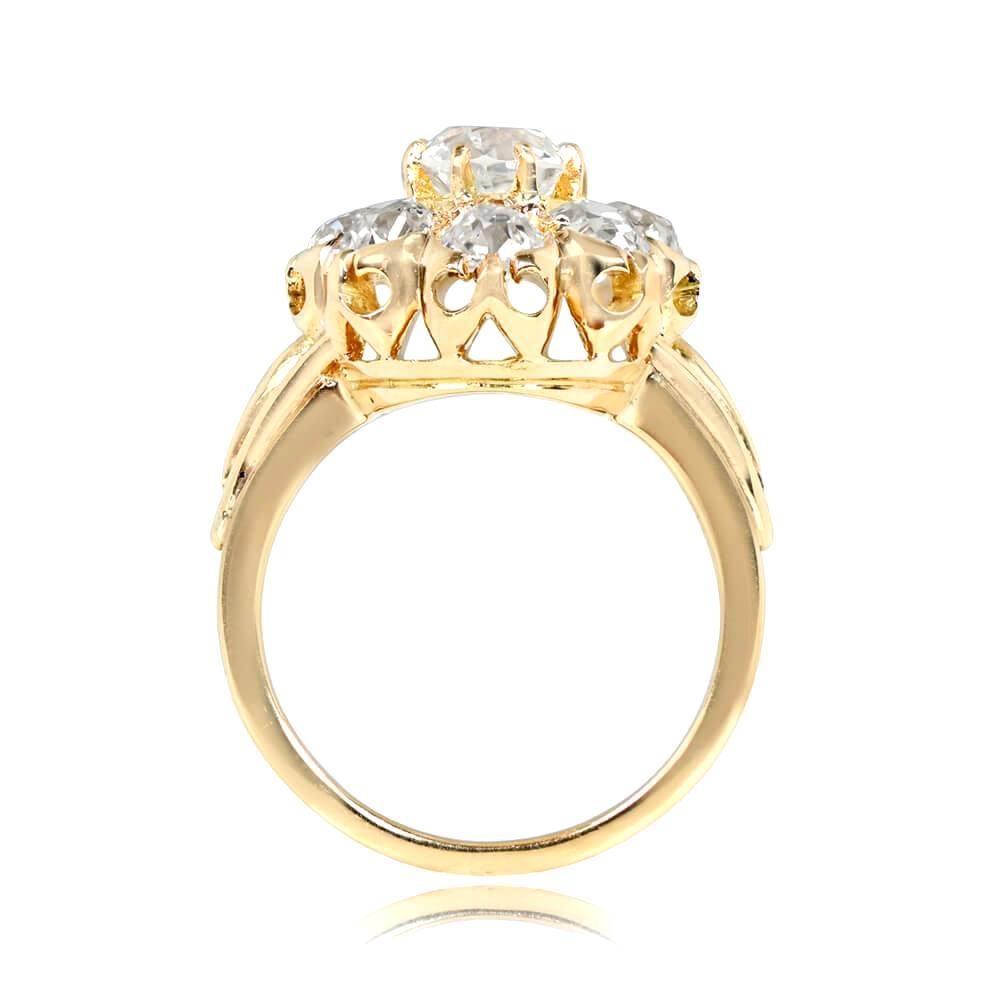 This vintage diamond cluster ring features a GIA-certified 1.00 carat old European cut diamond, I color and VS2 clarity, set in prongs and surrounded by a cluster of old European cut diamonds, bringing the total weight to 3.60 carats. The 18k yellow