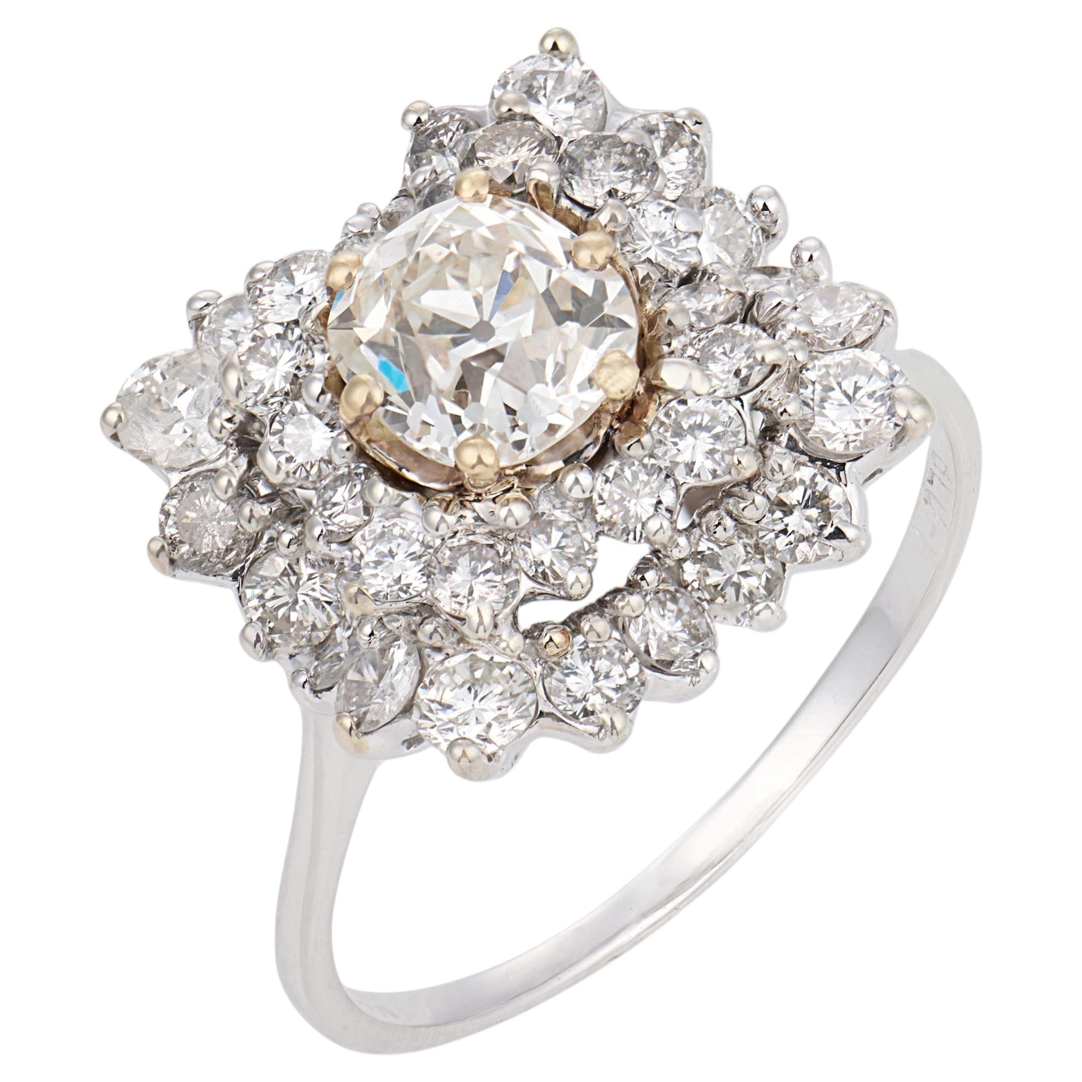 Vintage GIA 1.03 carat old mine cut diamond cluster 18k white gold ring