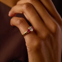 Vintage GIA 1.04 carat old mine cut diamond ruby 18k gold three stone ring