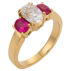 Vintage GIA 1.04 carat old mine cut diamond ruby 18k gold three stone ring