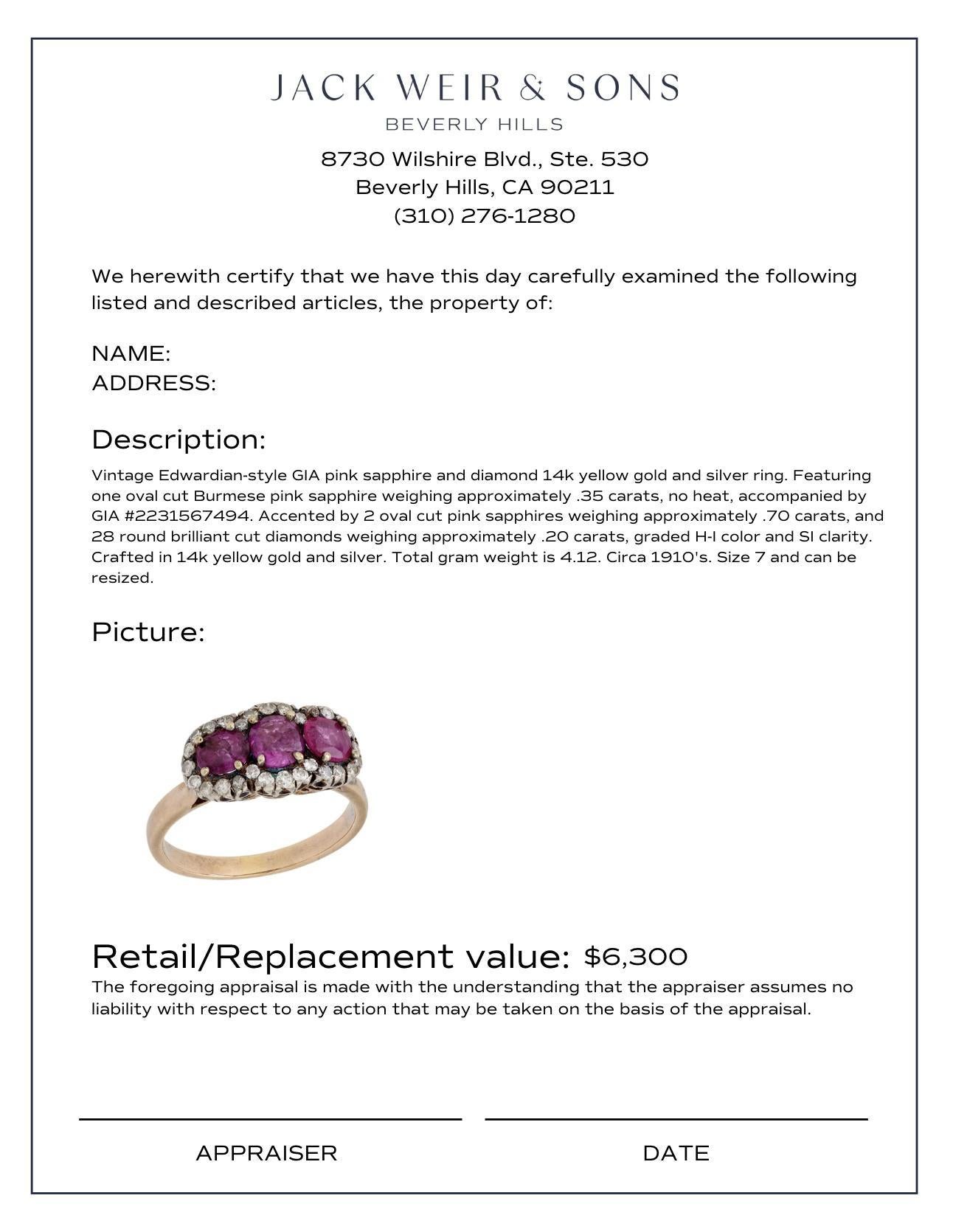 Bague vintage à 3 pierres en or jaune 14 carats avec saphir rose de Birmanie non chauffé de 1,05 carat, certifié GIA Pour femmes en vente