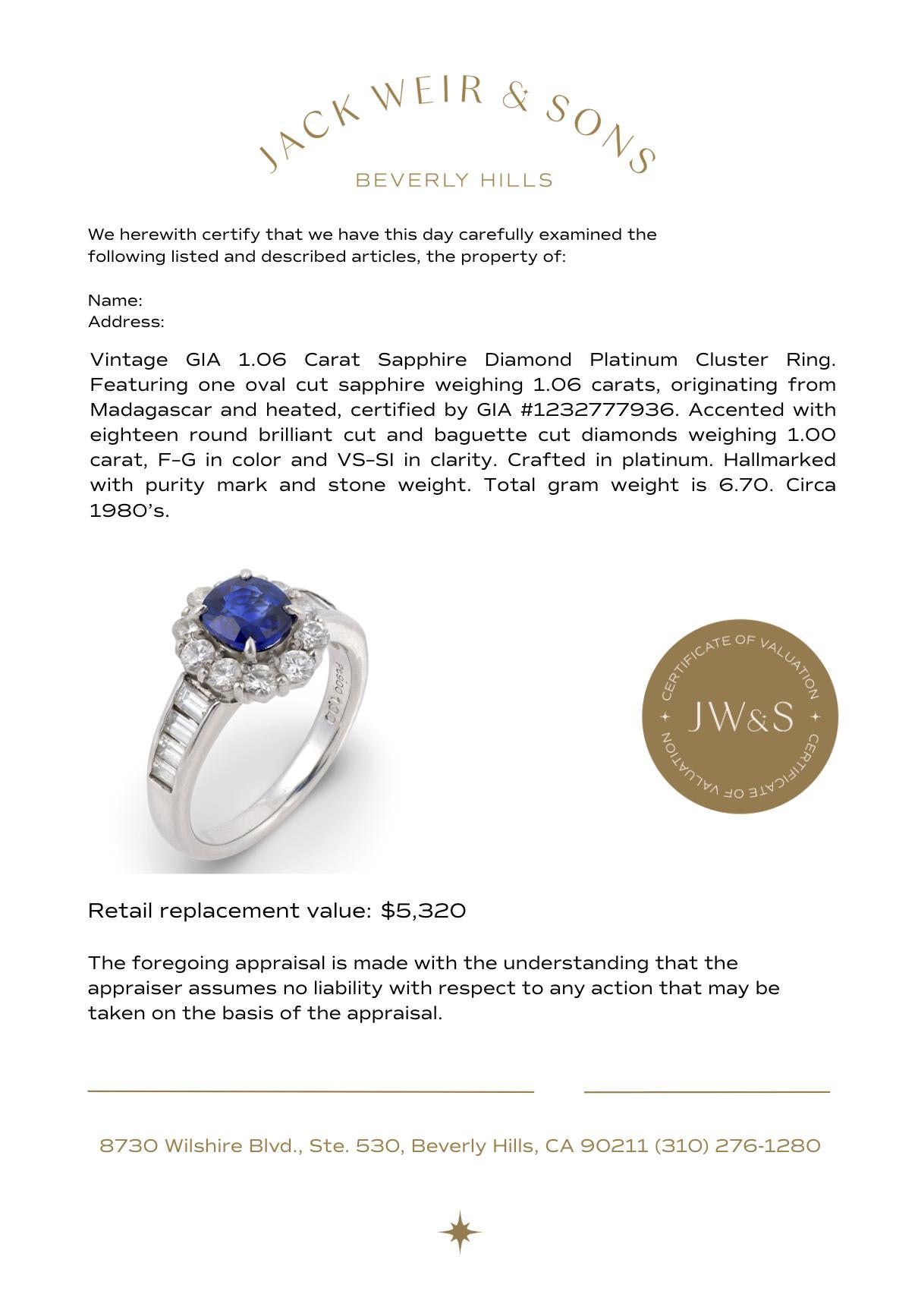 Vintage GIA 1,06 Karat Saphir-Diamant-Platin-Cluster-Ring im Angebot 1