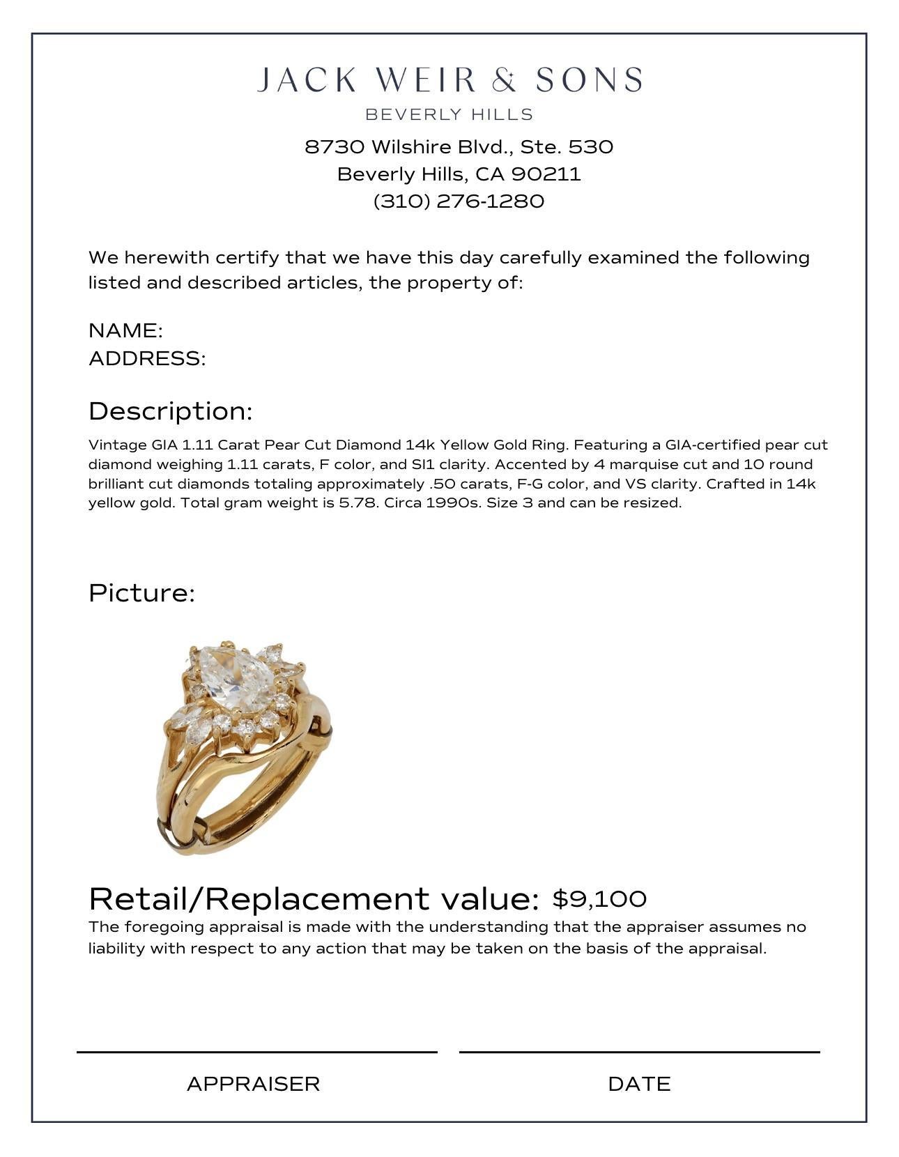 Vintage GIA 1.11 carat pear cut diamond 14k yellow gold ring In Good Condition For Sale In Beverly Hills, CA
