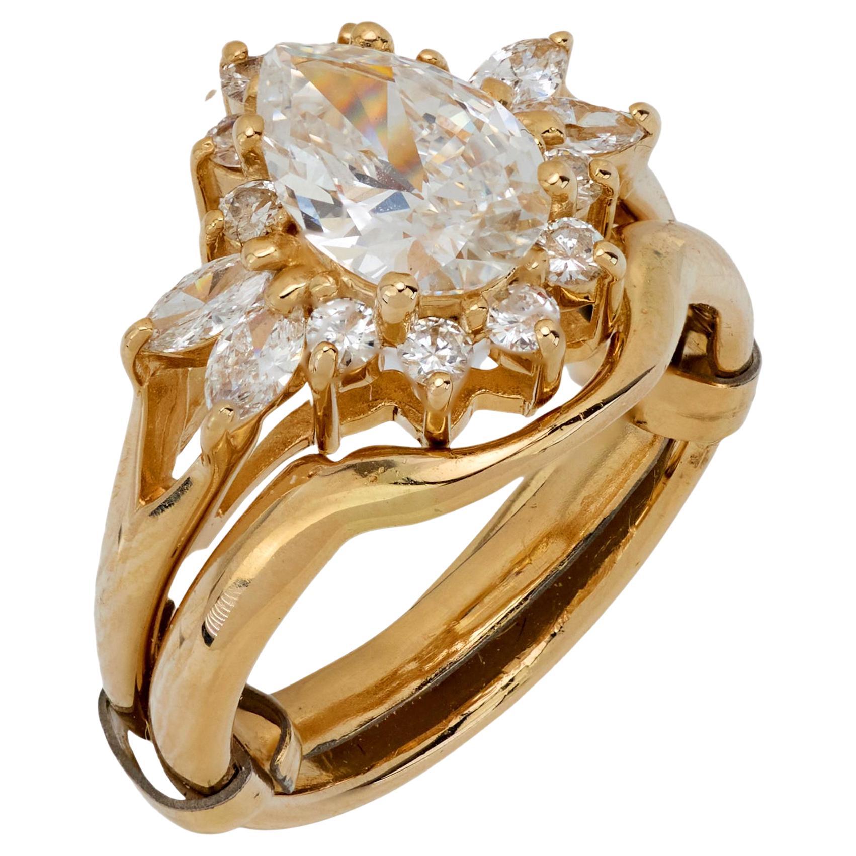 Vintage GIA 1.11 carat pear cut diamond 14k yellow gold ring For Sale