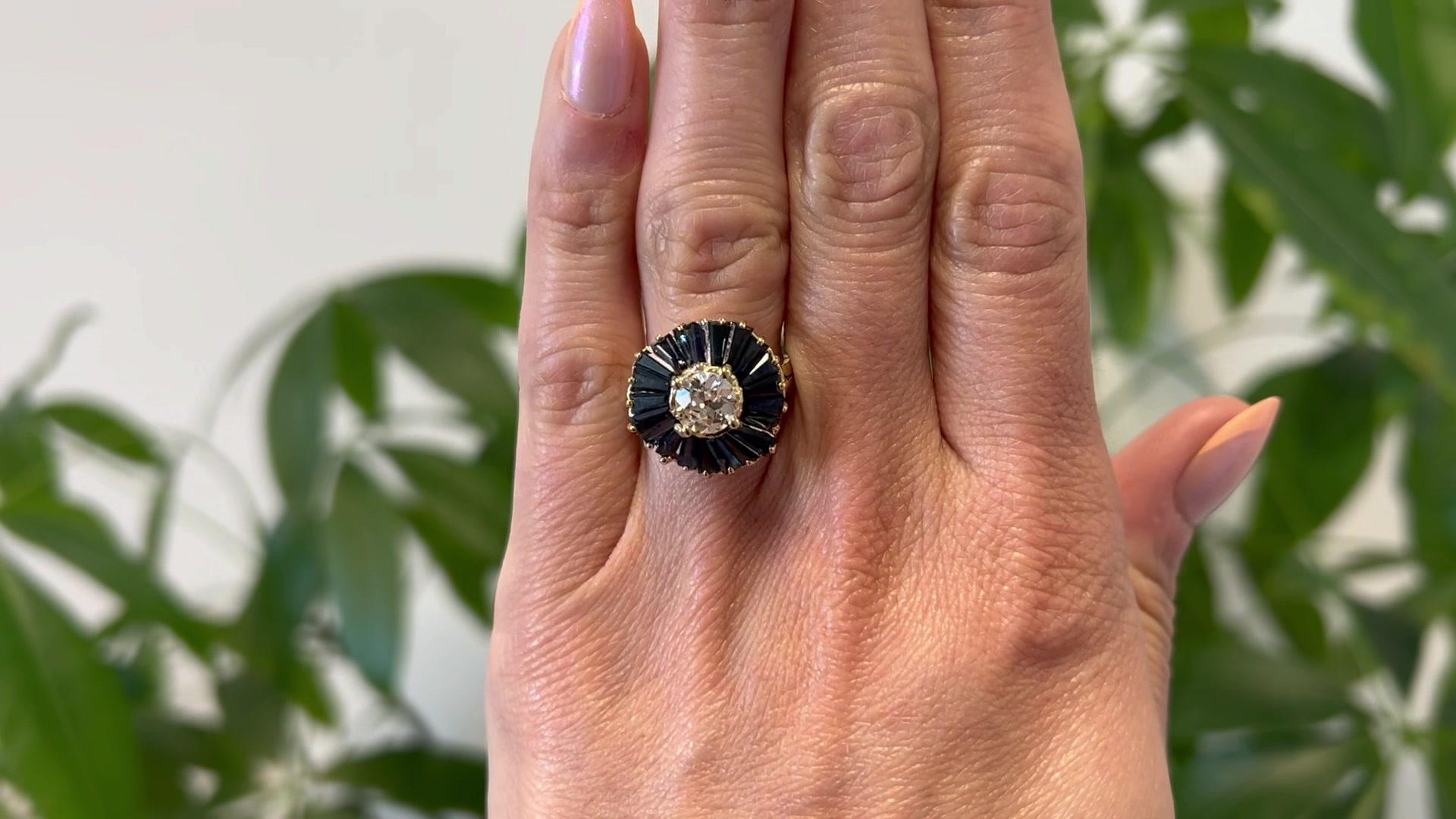 Vintage GIA 1.12 Carat Old European Cut Diamond Sapphire 14K Gold Ballerina Ring In Good Condition In Beverly Hills, CA