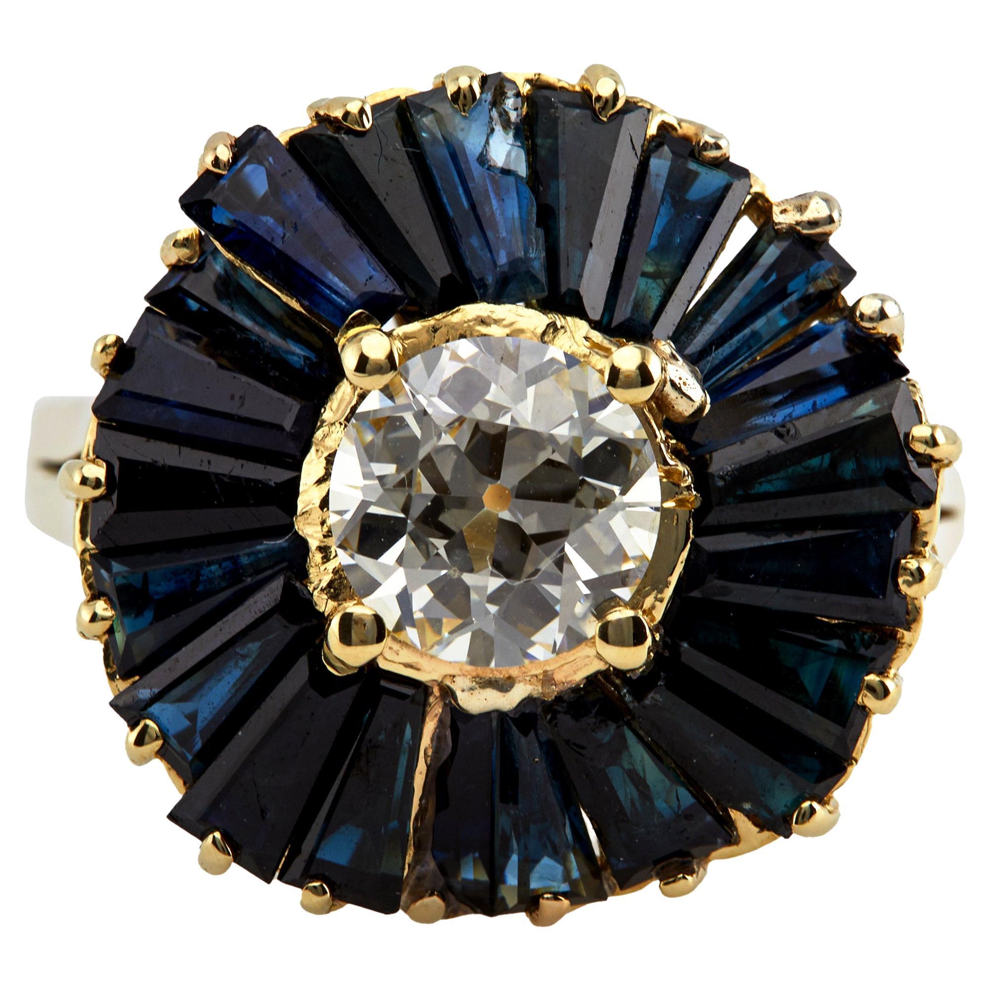 Vintage GIA 1.12 Carat Old European Cut Diamond Sapphire 14K Gold Ballerina Ring