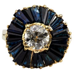 Vintage GIA 1.12 Carat Old European Cut Diamond Sapphire 14K Gold Ballerina Ring