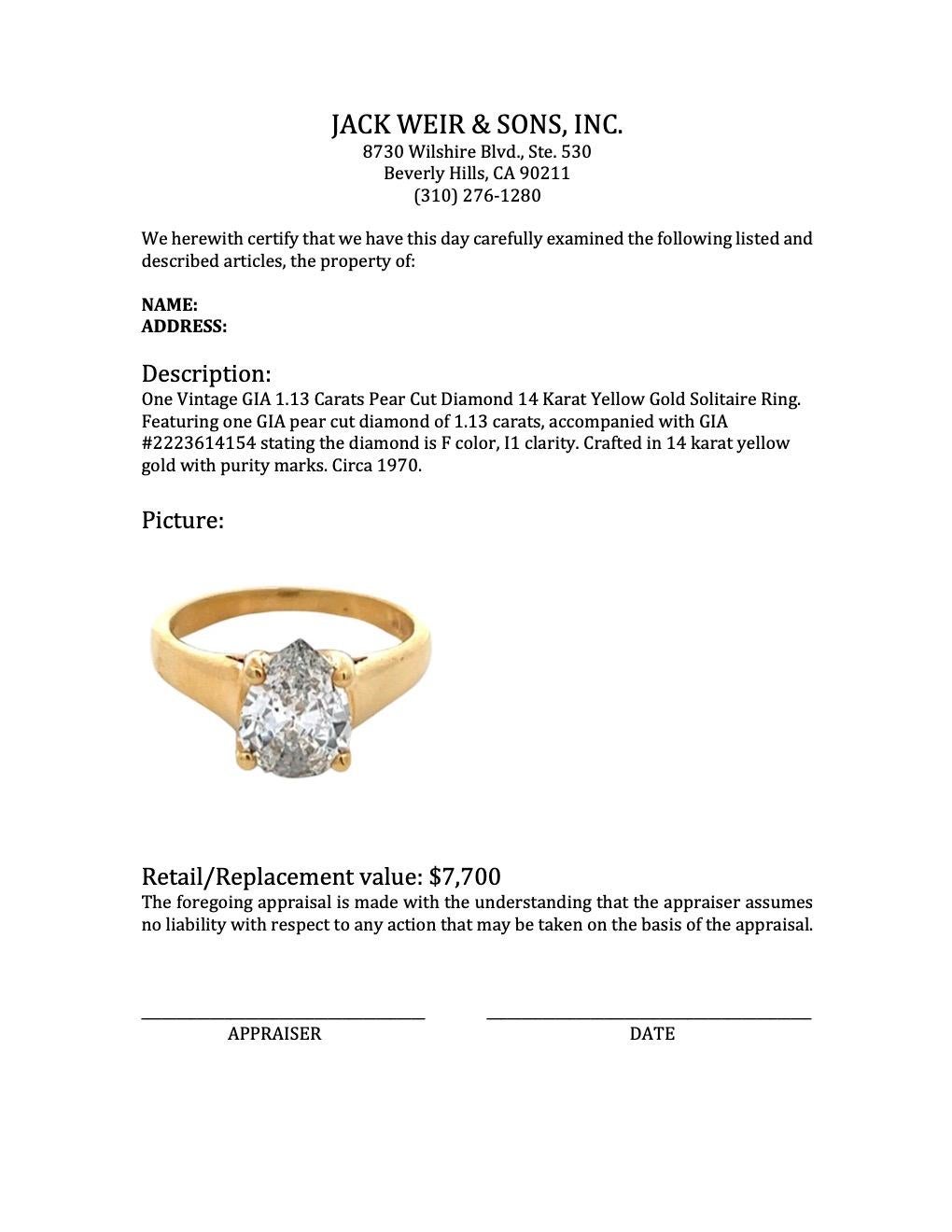 Vintage Solitär-Ring, GIA 1,13 Karat Diamant im Birnenschliff 14 Karat Gelbgold 3
