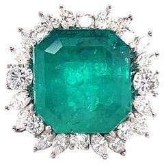 Vintage GIA 11.30 Carat Emerald Diamond 18 Karat White Gold Cluster Ring