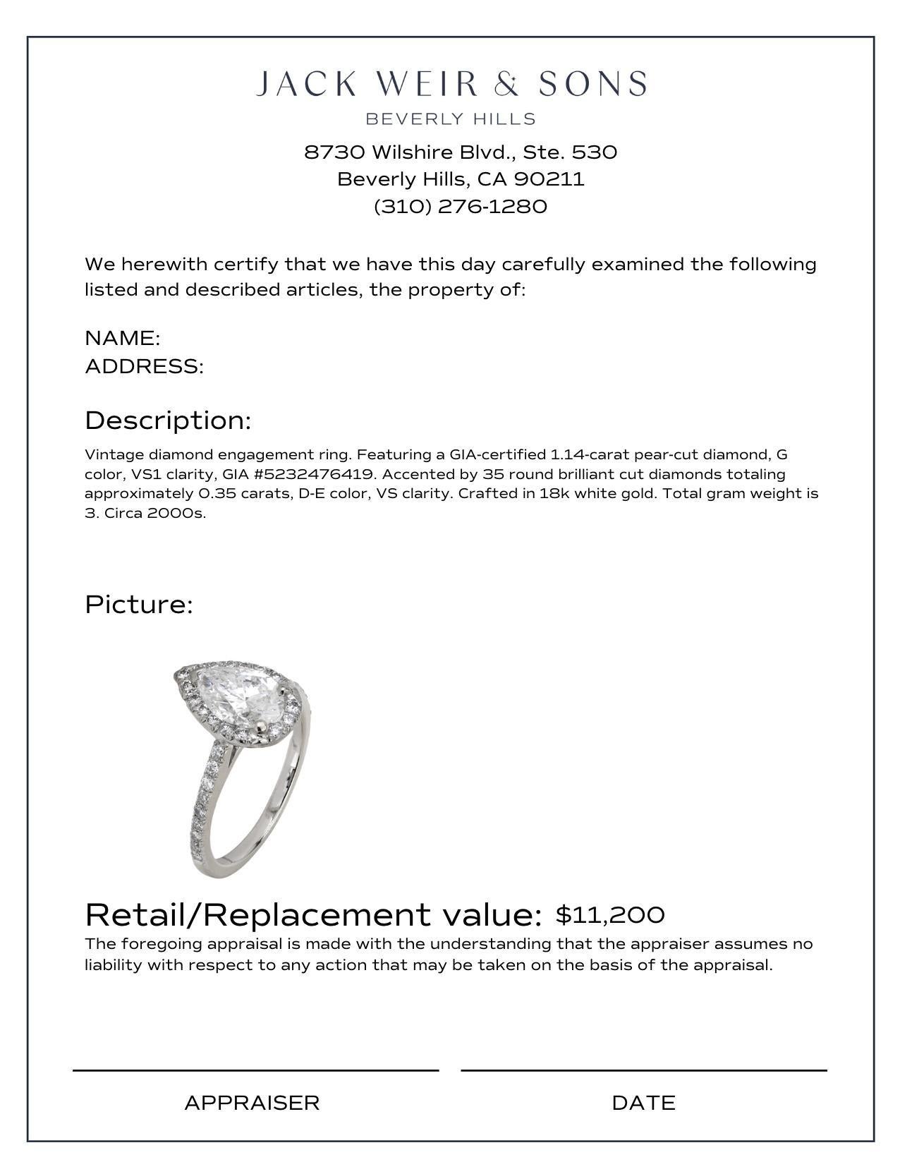Pear Cut Vintage GIA 1.14 carat pear shape diamond 18k white gold engagement ring For Sale