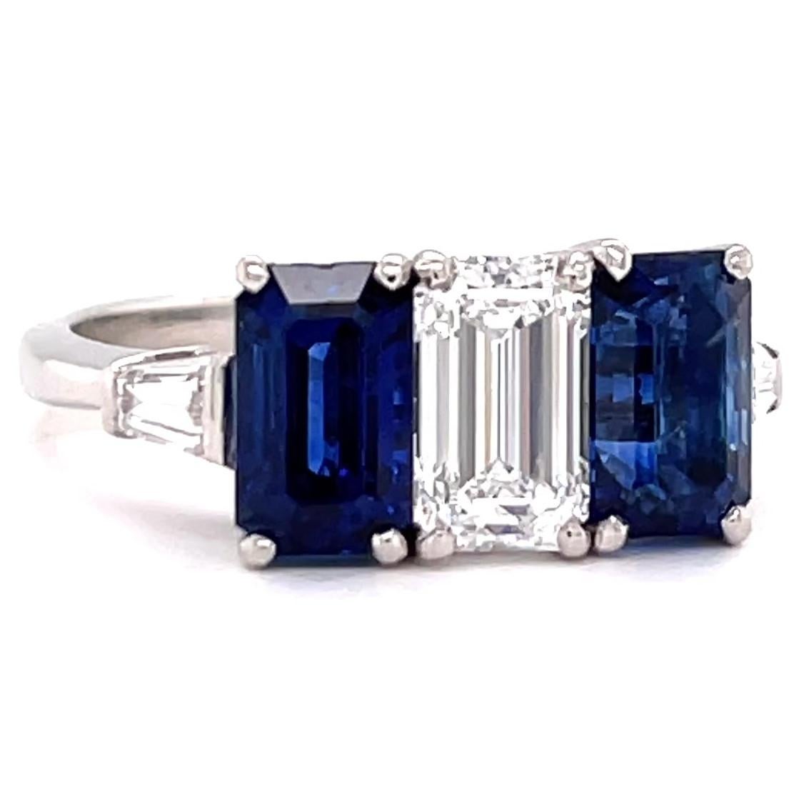 Vintage GIA 1.18 Carat Emerald Cut Diamond Sapphire Three Stone Platinum Ring In Excellent Condition In Beverly Hills, CA