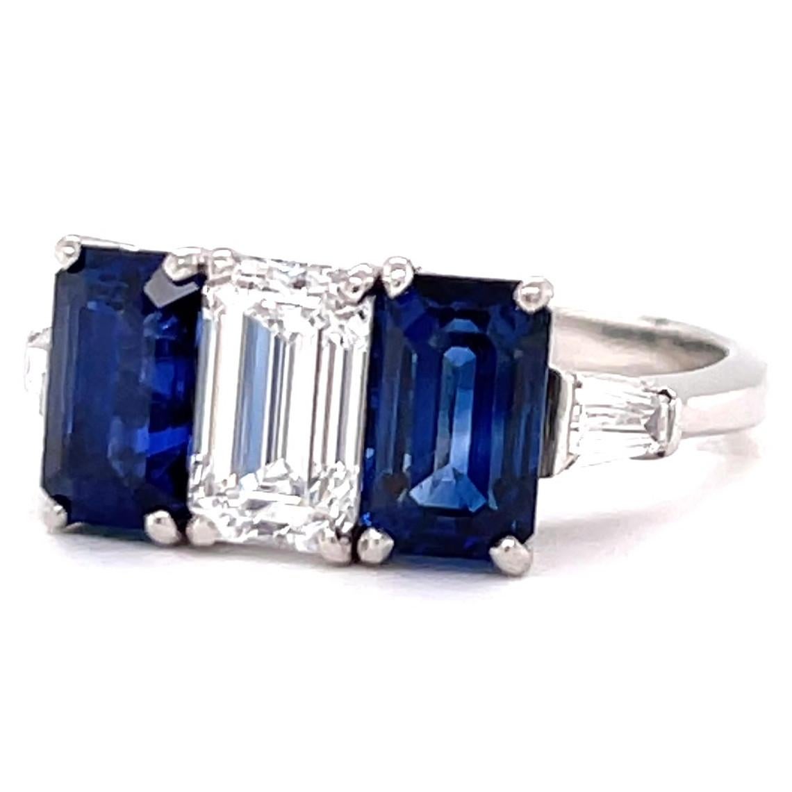 Women's or Men's Vintage GIA 1.18 Carat Emerald Cut Diamond Sapphire Three Stone Platinum Ring