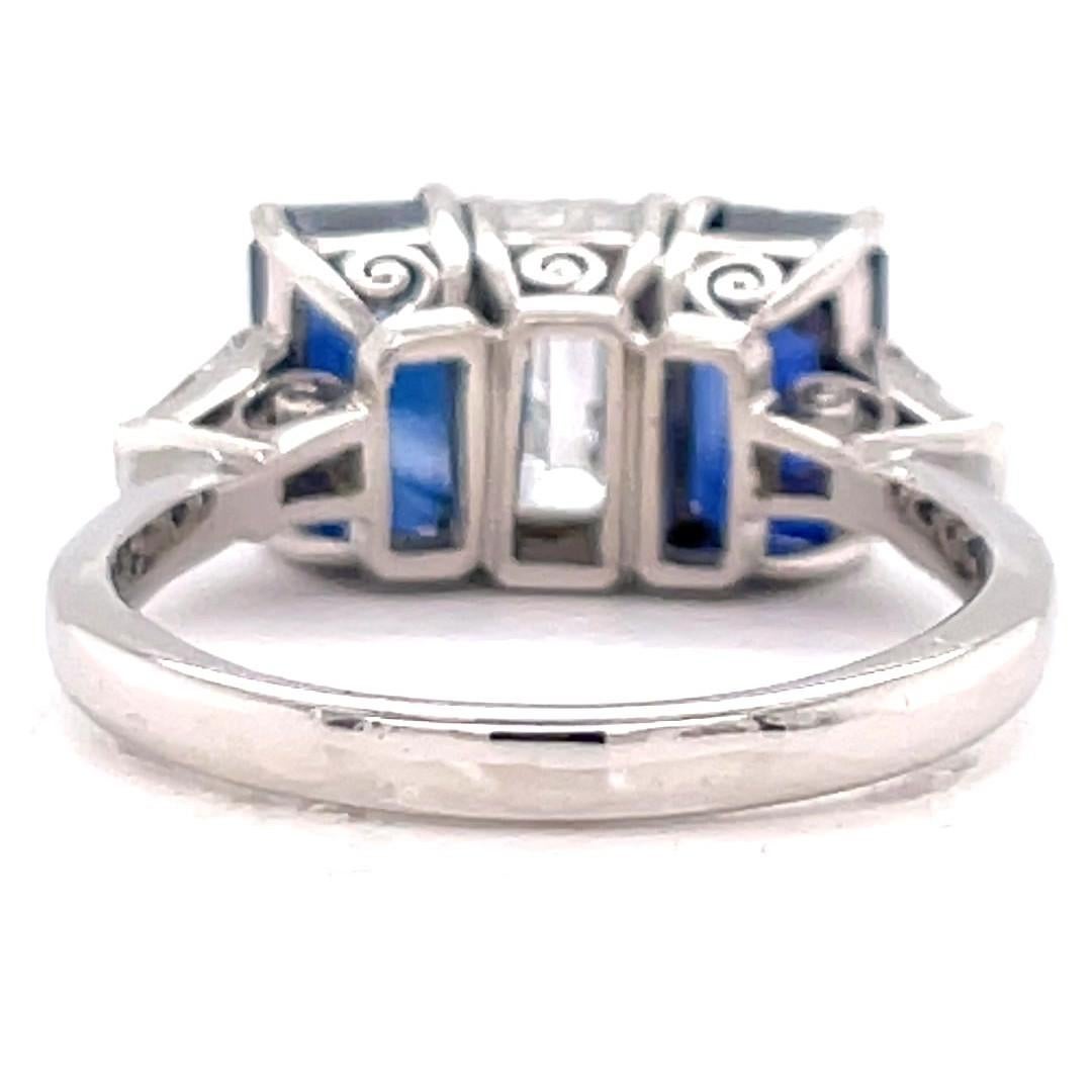 Vintage GIA 1.18 Carat Emerald Cut Diamond Sapphire Three Stone Platinum Ring 1