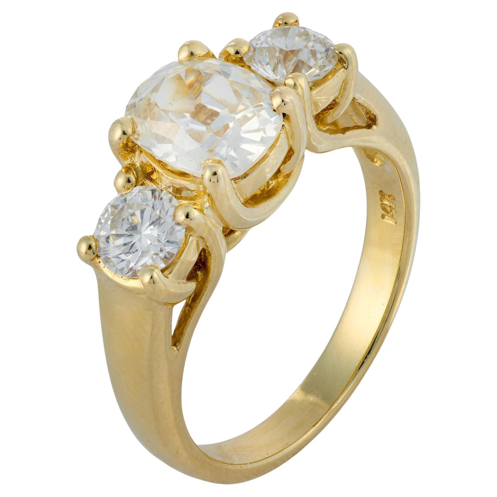 Vintage GIA 1.23 carat old mine cut diamond three stone engagement ring