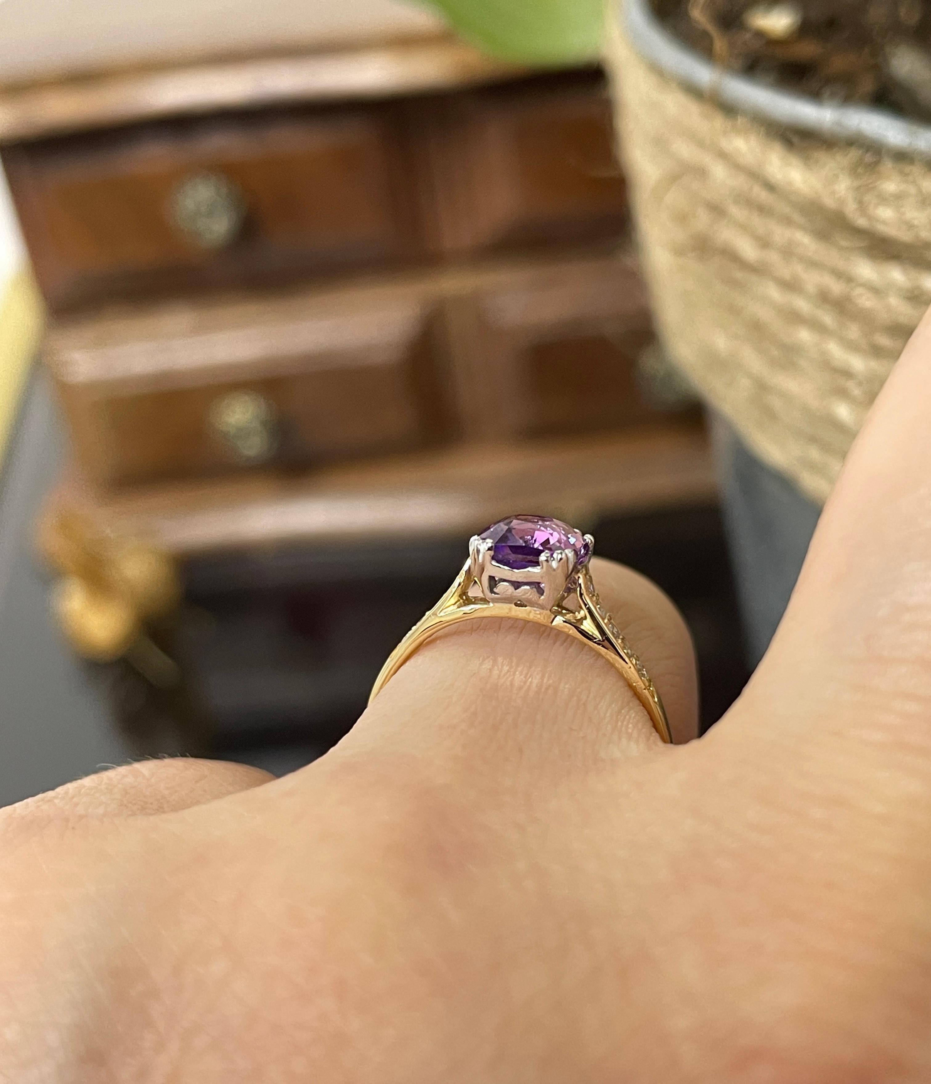 Vintage GIA 1.23 No-Heat Purple Sapphire and Diamond 18KY Gold Platinum Ring 4