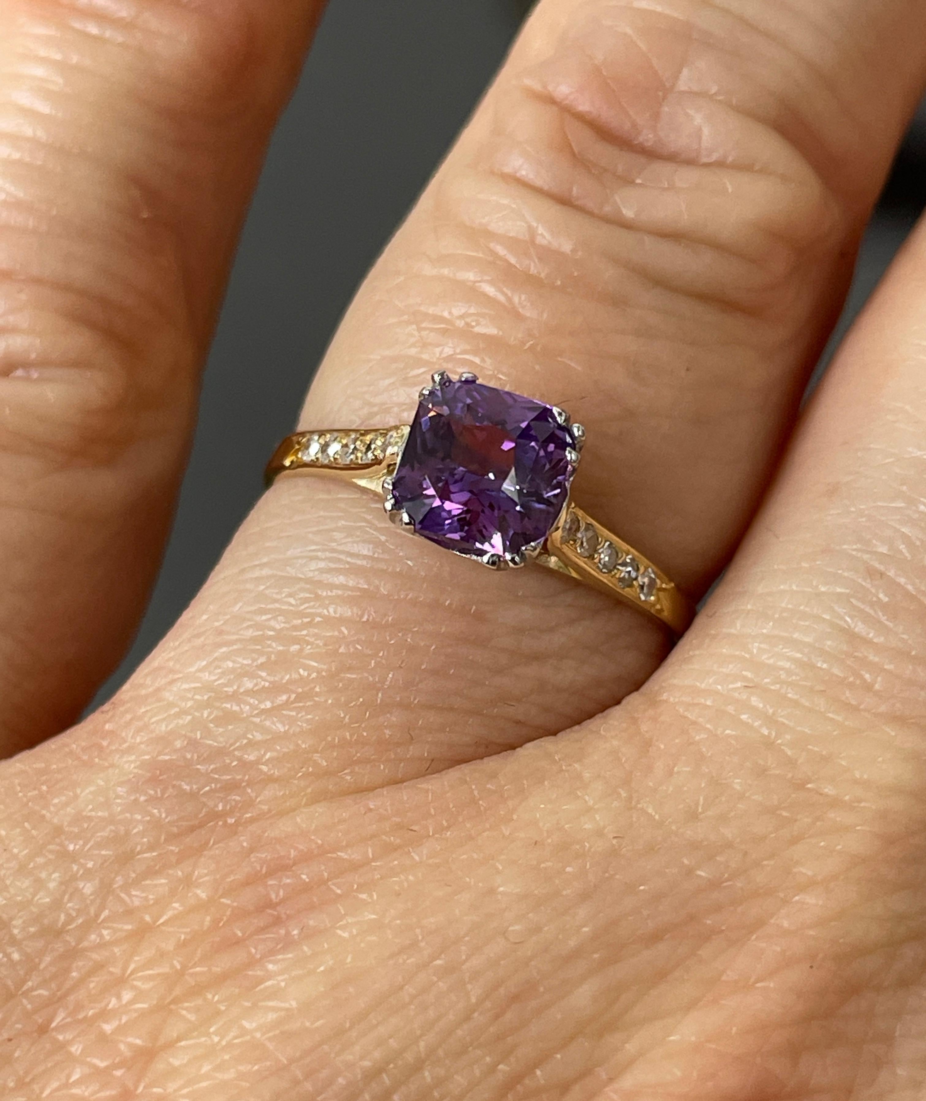 Vintage GIA 1.23 No-Heat Purple Sapphire and Diamond 18KY Gold Platinum Ring 8