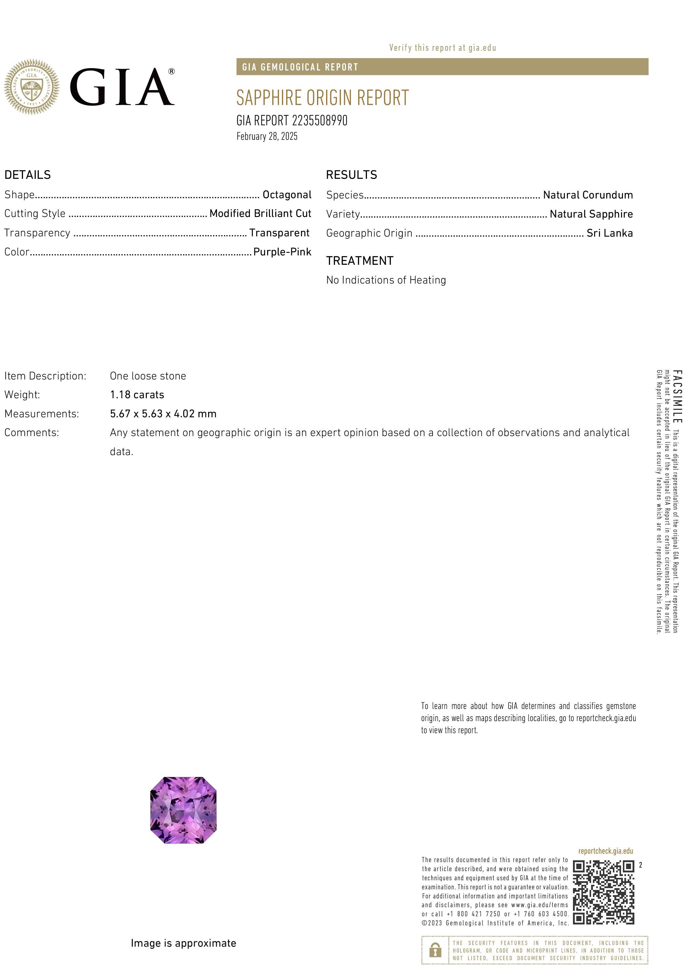 Gorgeous Vintage GIA certified 18K Yellow Gold and Platinum top (stamped/tested) Sapphire and Diamond Engagement Ring. 
The Velvety Purple-Pink Octagonal shaped 1.18ct Sapphire with the measurements 5.67x5.63x4.02mm, appears as Cushion shaped. The