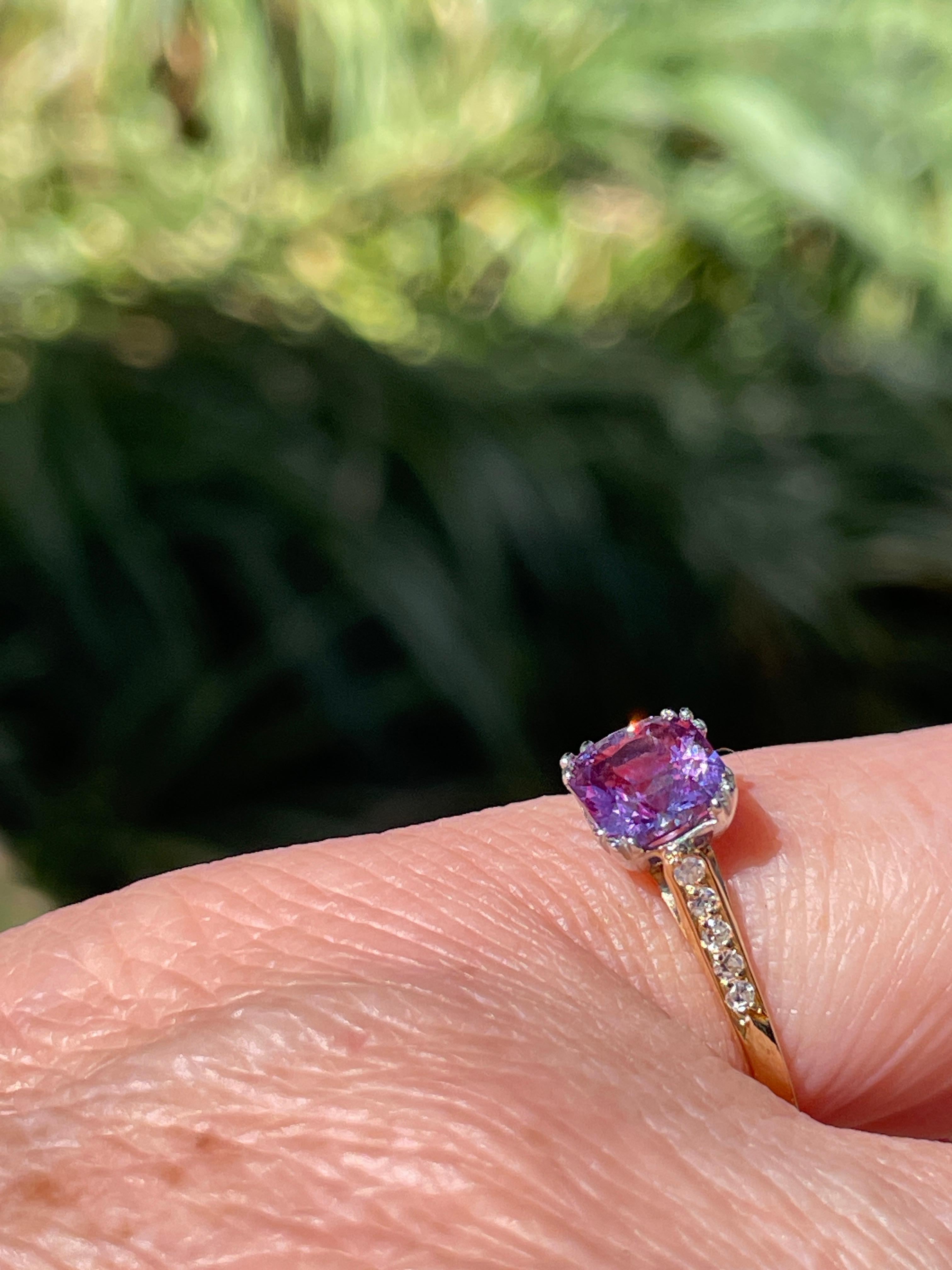 Vintage GIA 1.23 No-Heat Purple Sapphire and Diamond 18KY Gold Platinum Ring 10