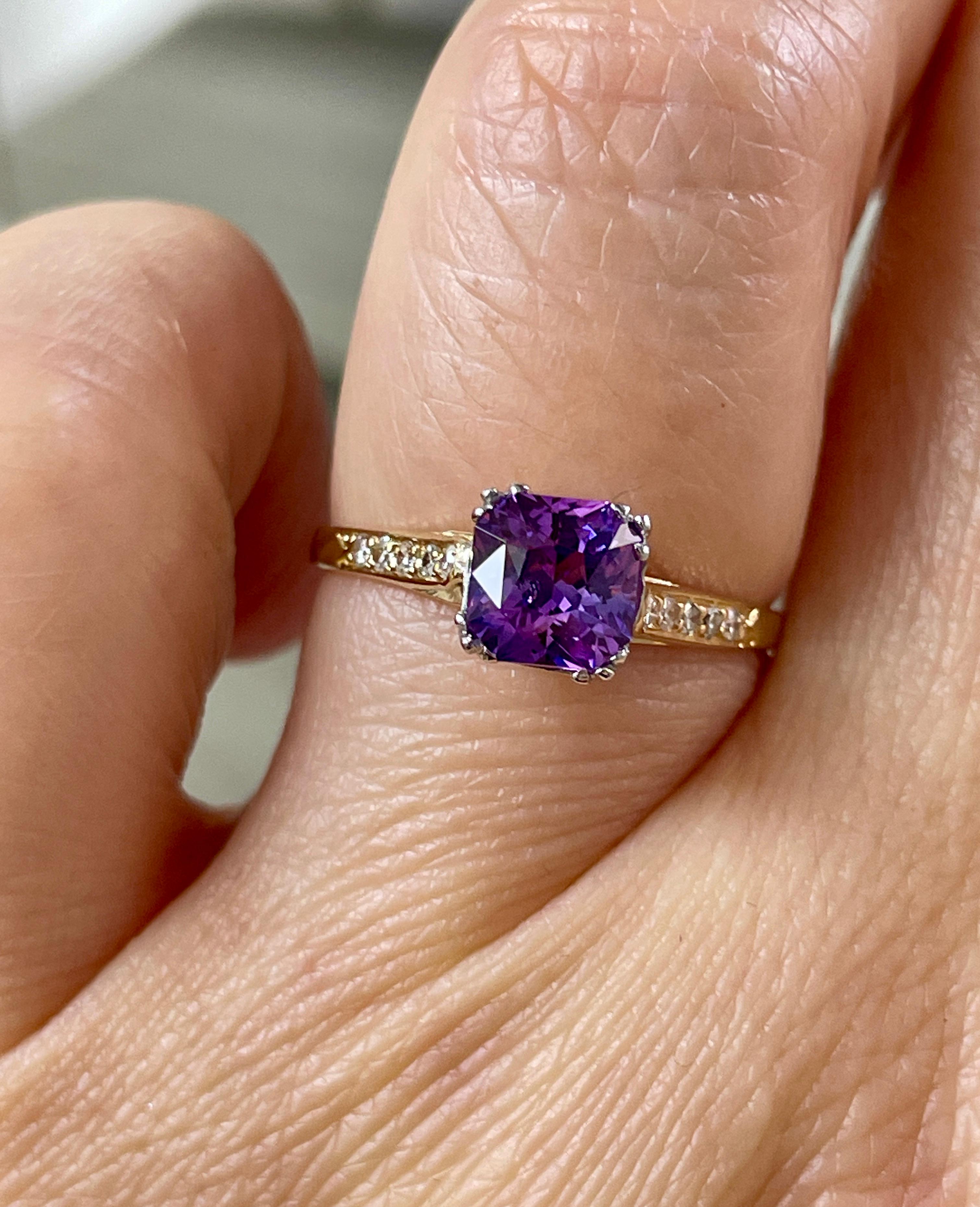 Vintage GIA 1.23 No-Heat Purple Sapphire and Diamond 18KY Gold Platinum Ring 2