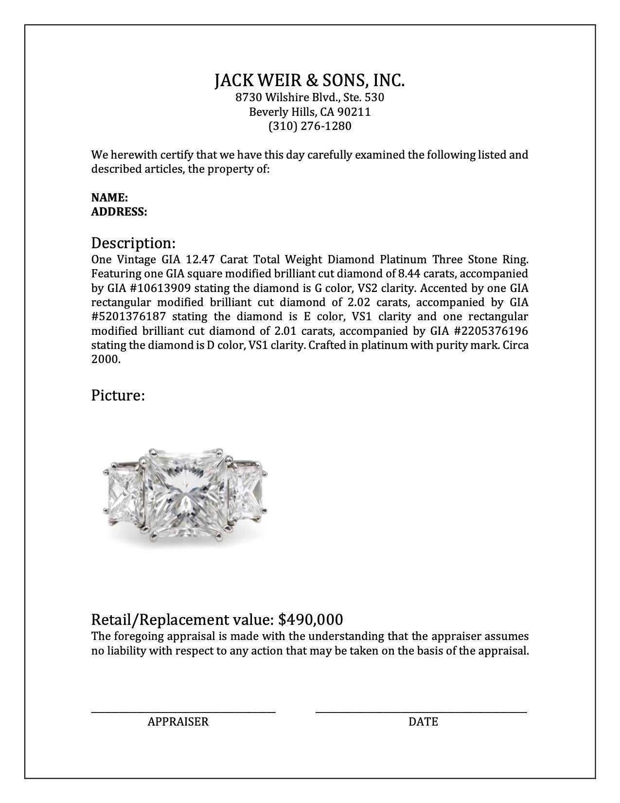 Vintage GIA 12.47 Carat Total Weight Diamond Platinum Three Stone Ring For Sale 4