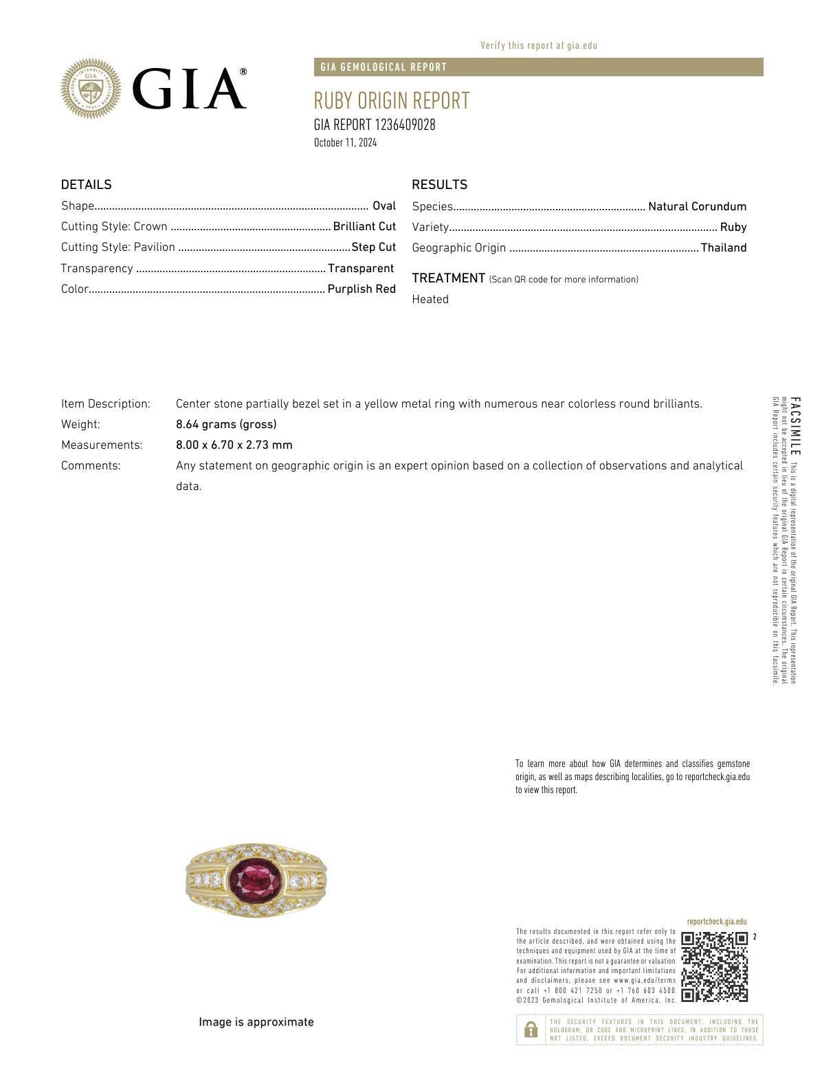 Anillo vintage GIA de oro amarillo de 18 quilates con un diamante rubí de 1,25 quilates en Excelente estado para la venta en Beverly Hills, CA