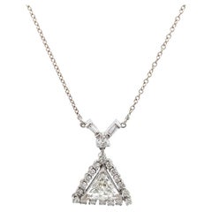 Vintage GIA 1.25 Carats Triangle Cut Diamond Platinum 14k White Gold Necklace