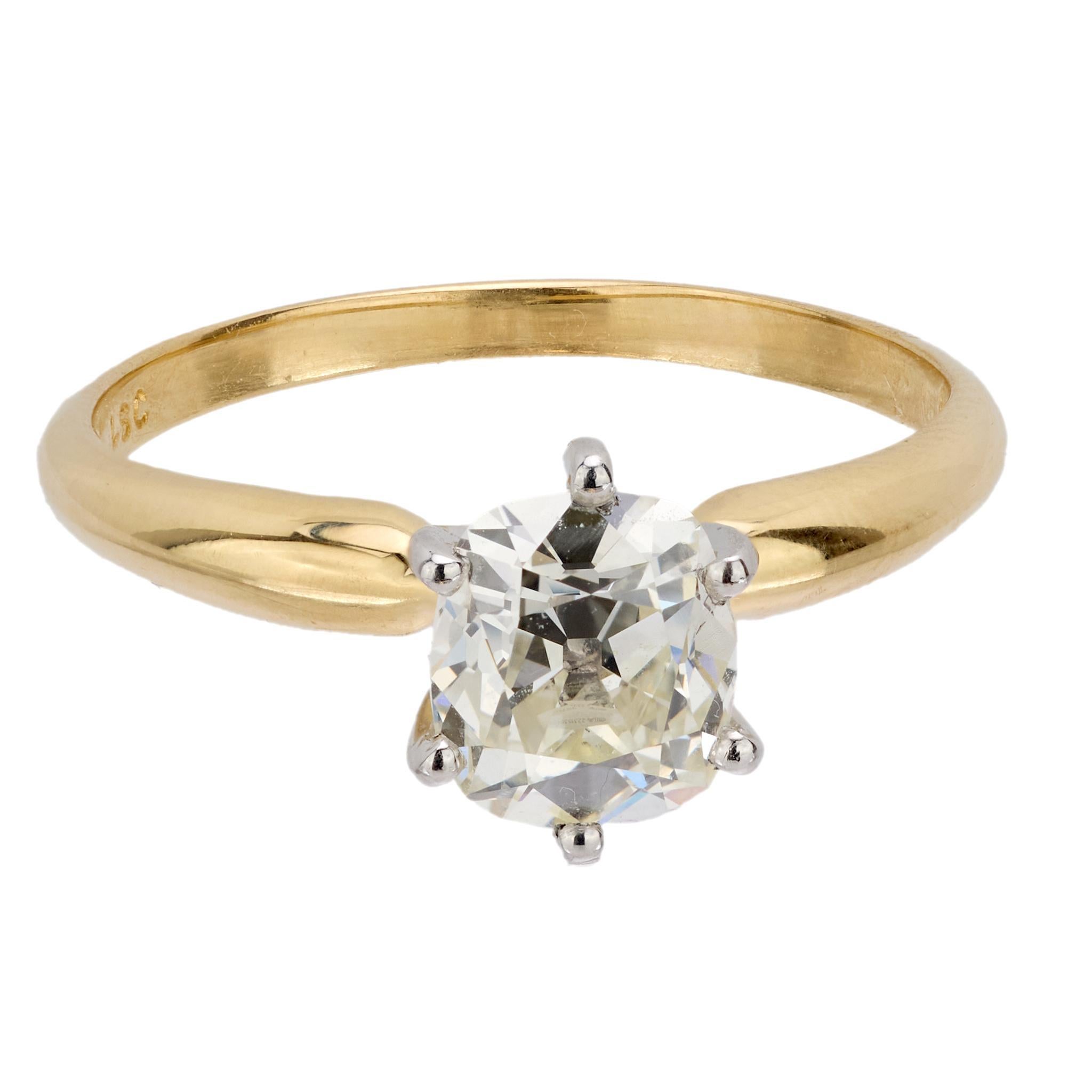 Modern Vintage GIA 1.26 carat old mine cut diamond 18k yellow gold engagement ring For Sale