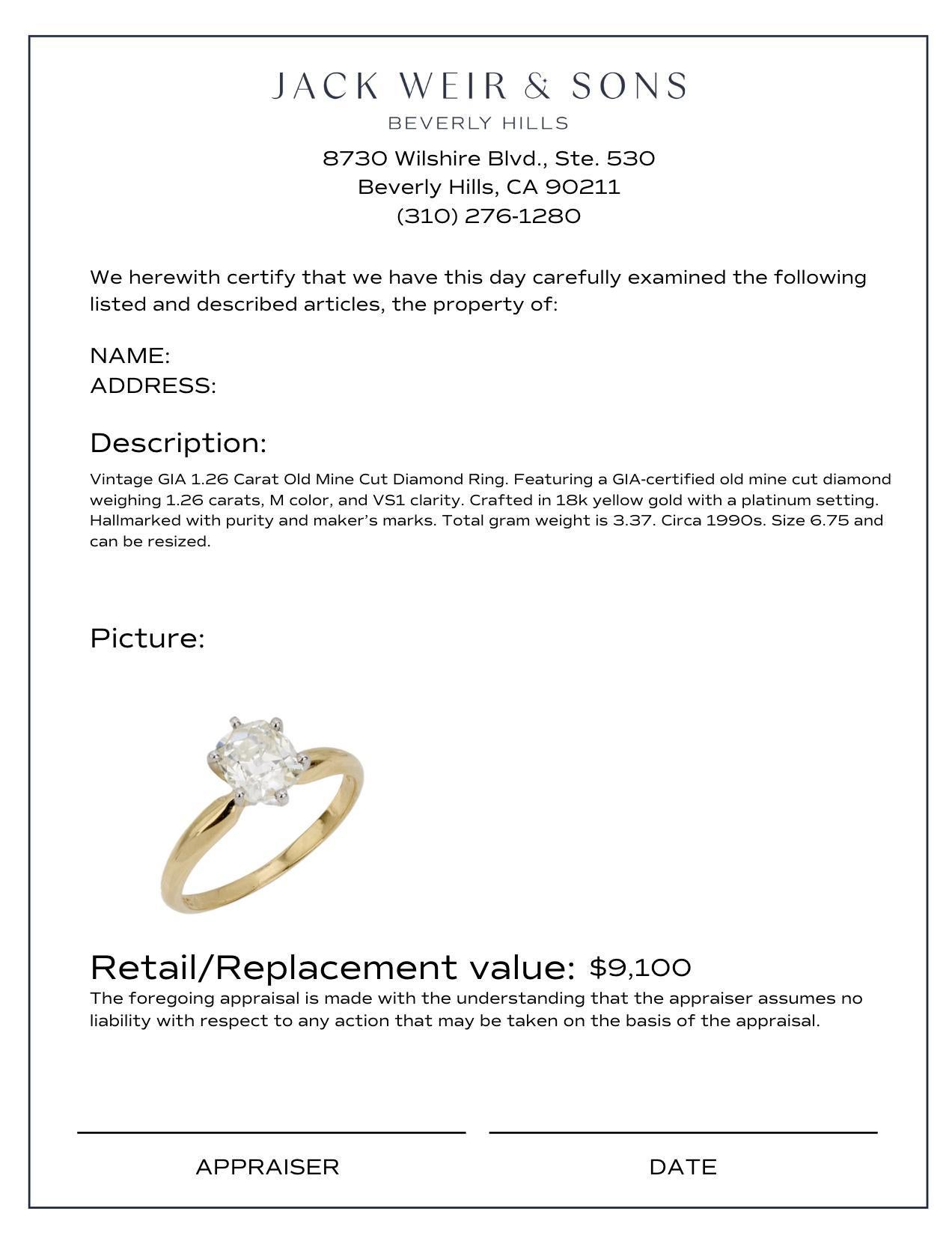Vintage GIA 1.26 carat old mine cut diamond 18k yellow gold engagement ring In Good Condition For Sale In Beverly Hills, CA