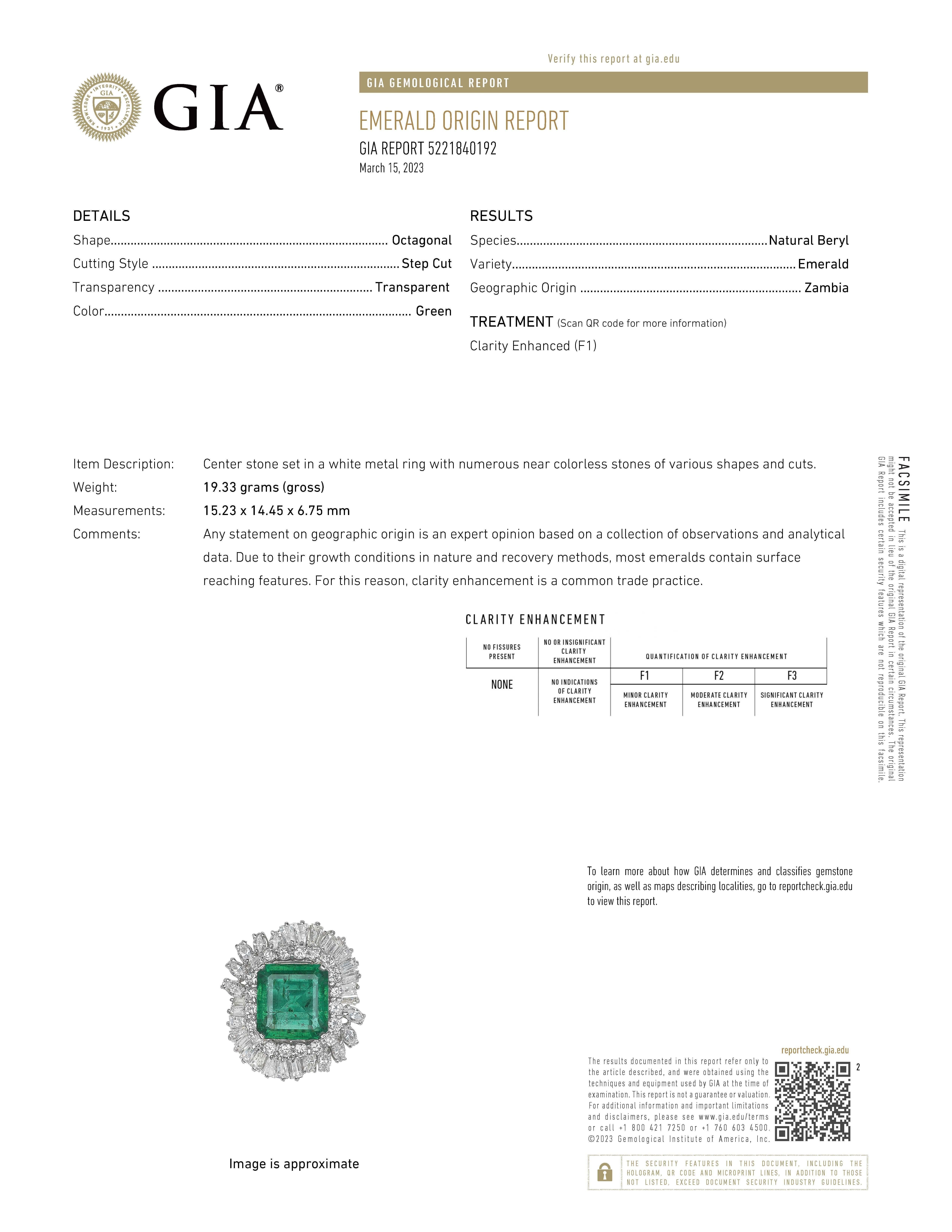 Vintage emerald with diamonds high jewelry ring, circa 1970's.  
Approximately 21.97ct total gemstone weight. 
13.07ct Zambian emerald, F1 minor oil, GIA certified. Surrounded by apx 8.90ct of 20 round, 10 marquise, and 20 baguette diamonds. 18k