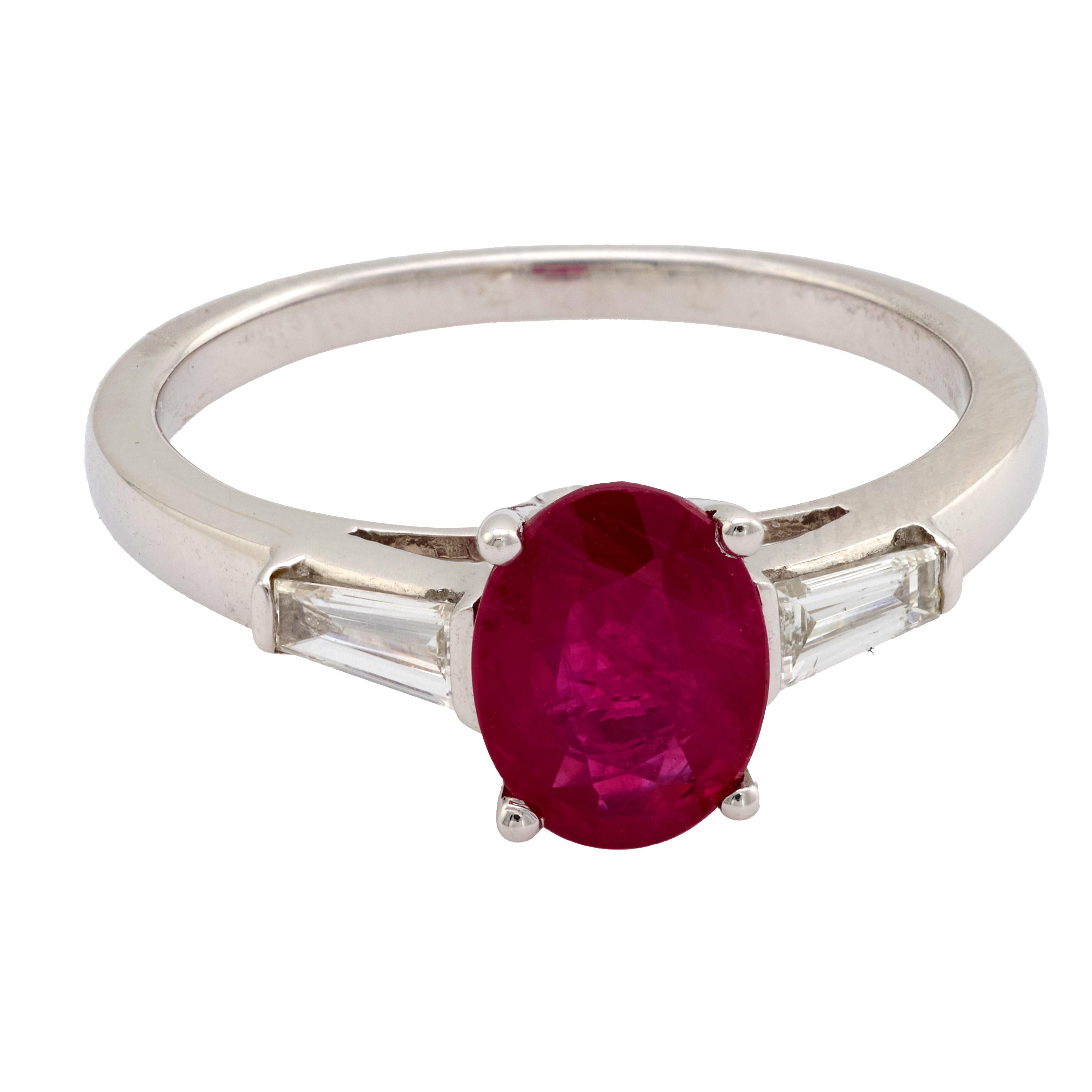 Contemporary Vintage GIA 1.35 carat Burma ruby diamond platinum ring For Sale