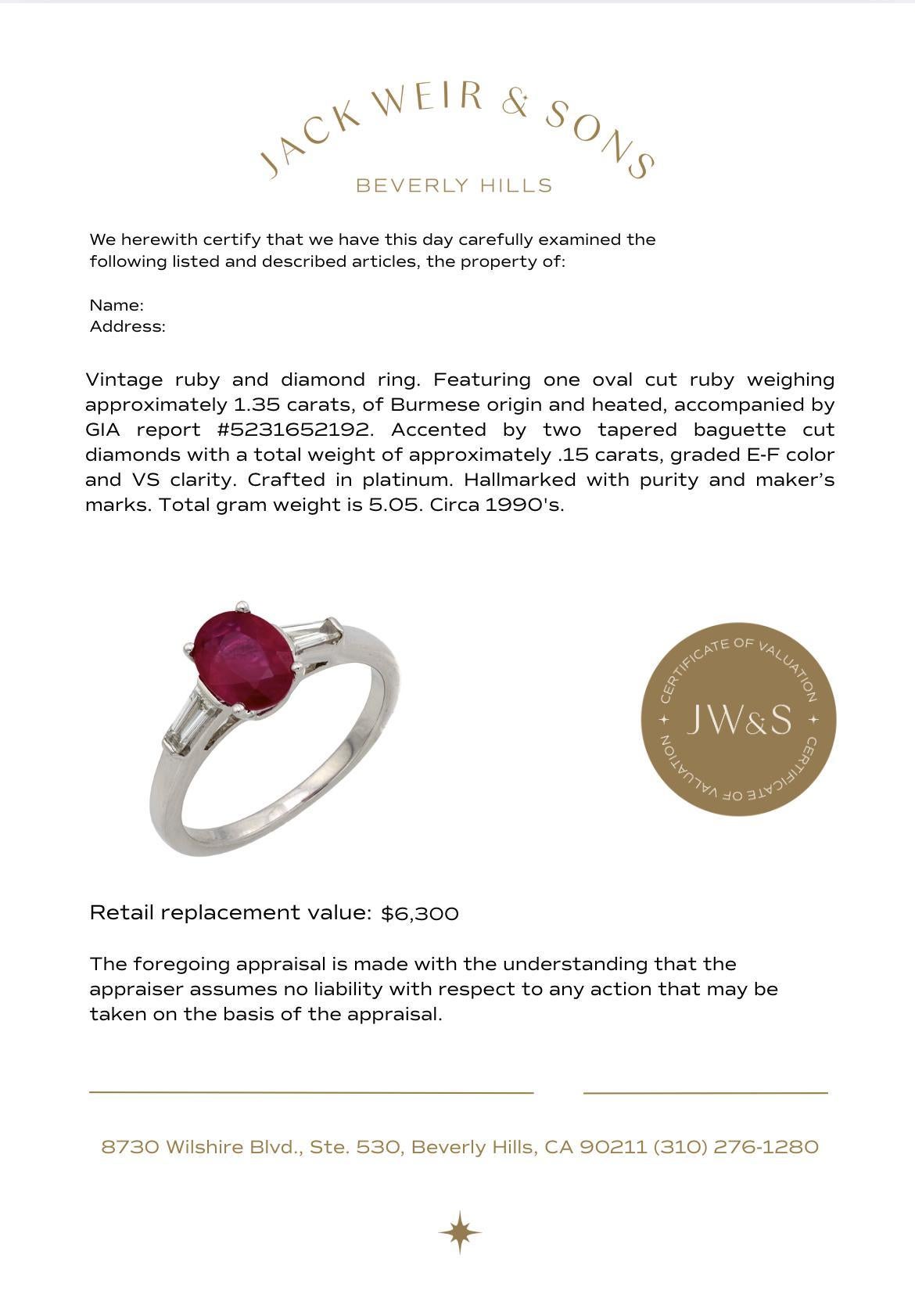 Vintage GIA 1.35 carat Burma ruby diamond platinum ring For Sale 2