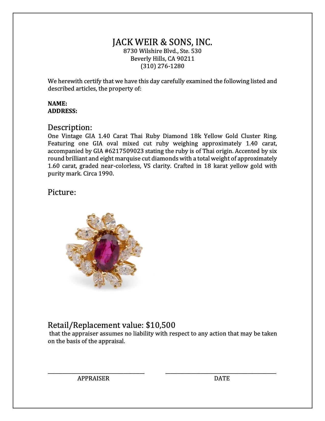 Vintage GIA 1.40 Carat Thai Ruby Diamond 18k Yellow Gold Cluster Ring For Sale 1