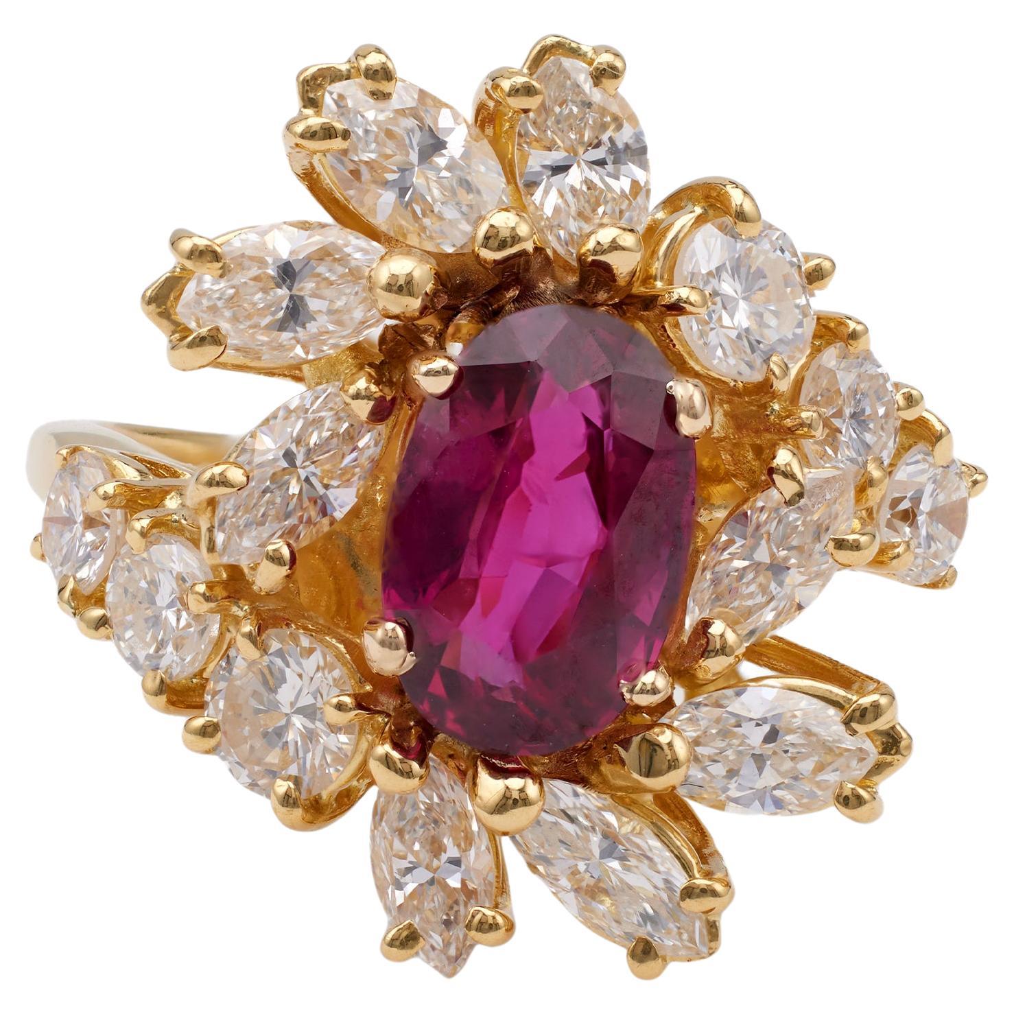 Vintage GIA 1.40 Carat Thai Ruby Diamond 18k Yellow Gold Cluster Ring For Sale