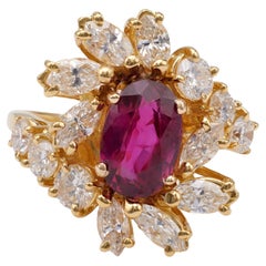 Retro GIA 1.40 Carat Thai Ruby Diamond 18k Yellow Gold Cluster Ring