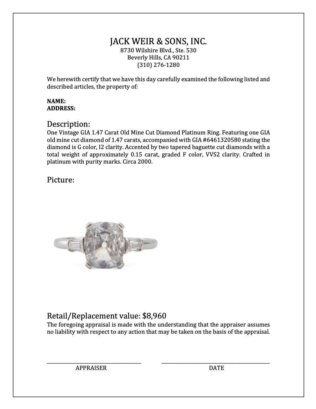 Vintage GIA 1.47 Carat Old Mine Cut Diamond Platinum Ring In Excellent Condition For Sale In Beverly Hills, CA