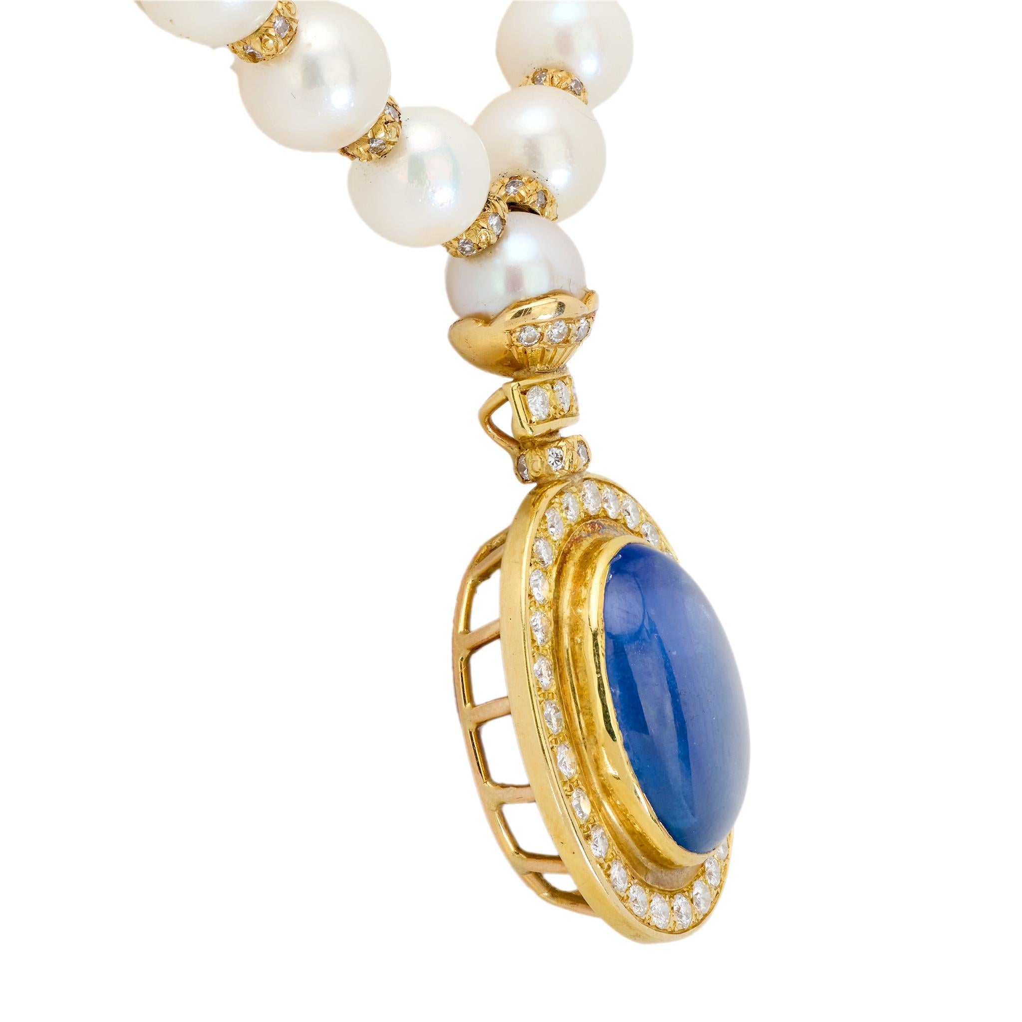 Cabochon Vintage GIA 14.80 carat sapphire diamond pearl 18k yellow gold necklace