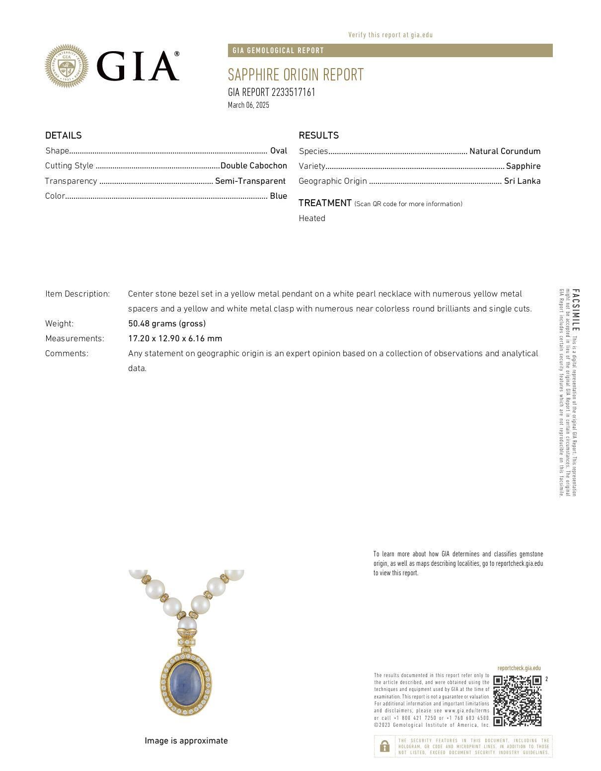 Vintage GIA 14.80 carat sapphire diamond pearl 18k yellow gold necklace In Good Condition In Beverly Hills, CA