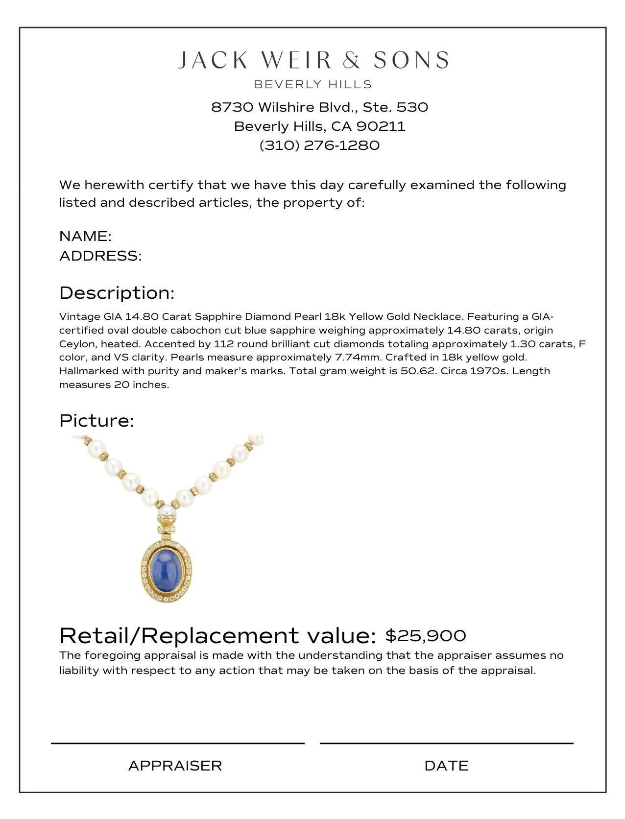 Women's Vintage GIA 14.80 carat sapphire diamond pearl 18k yellow gold necklace