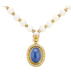 Vintage GIA 14.80 carat sapphire diamond pearl 18k yellow gold necklace
