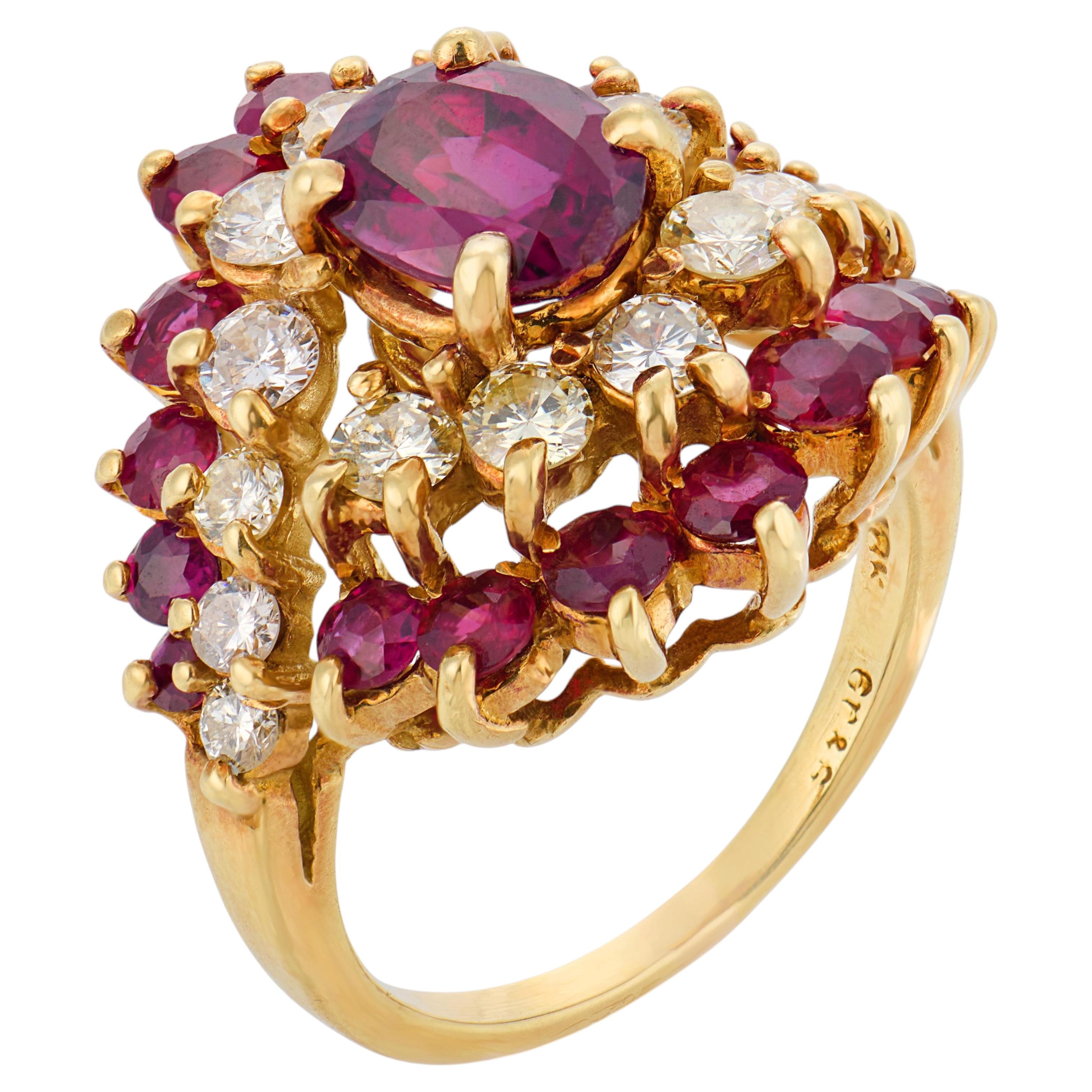 Vintage GIA 1.50 carat ruby diamond 18k yellow gold cluster ring