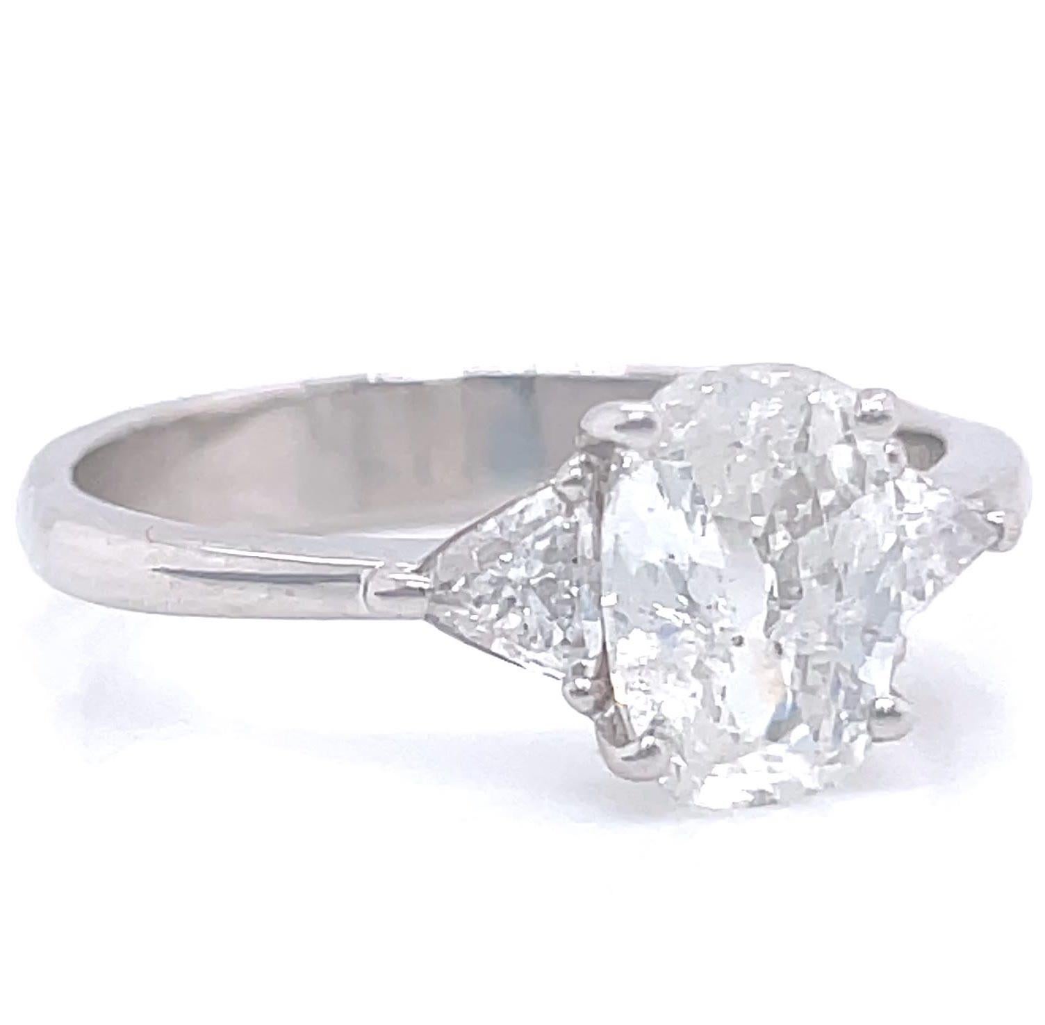 Vintage GIA 1.51 Carat Antique Cushion Cut Platinum Engagement Ring In Excellent Condition In Beverly Hills, CA