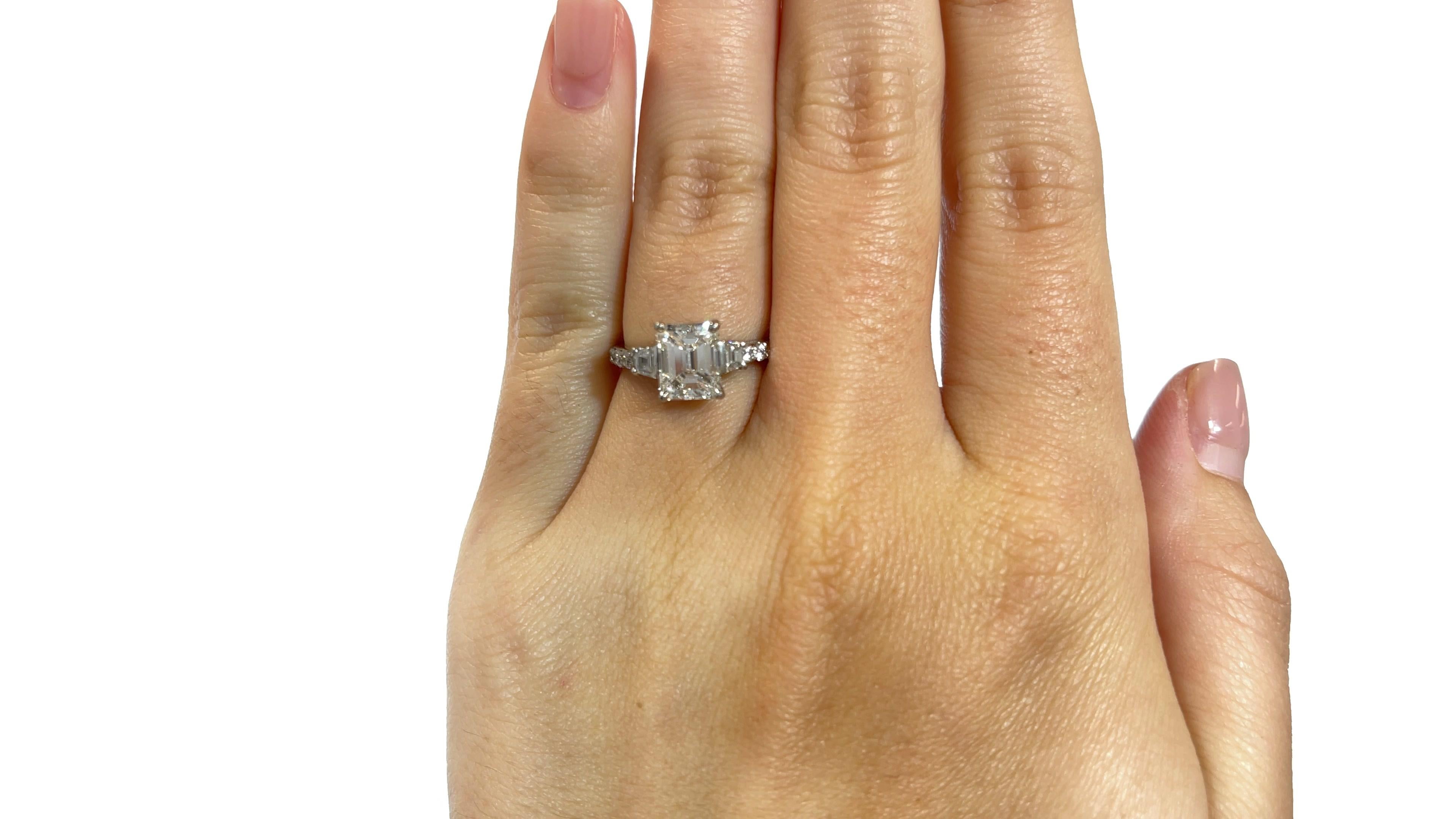 Contemporary Vintage GIA 1.51 Carat Emerald Cut Diamond Platinum Three Stone Engagement Ring