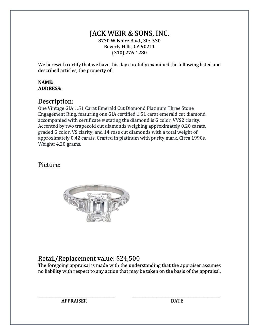 Vintage GIA 1.51 Carat Emerald Cut Diamond Platinum Three Stone Engagement Ring 2