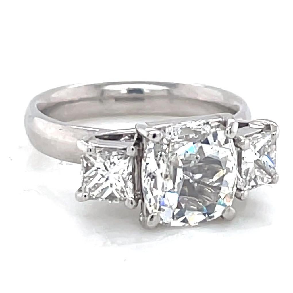 Women's or Men's Vintage GIA 1.53 Carat Antique Cushion Cut Diamond Three Stone Engagement Ring