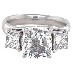 Vintage GIA 1.53 Carat Antique Cushion Cut Diamond Three Stone Engagement Ring